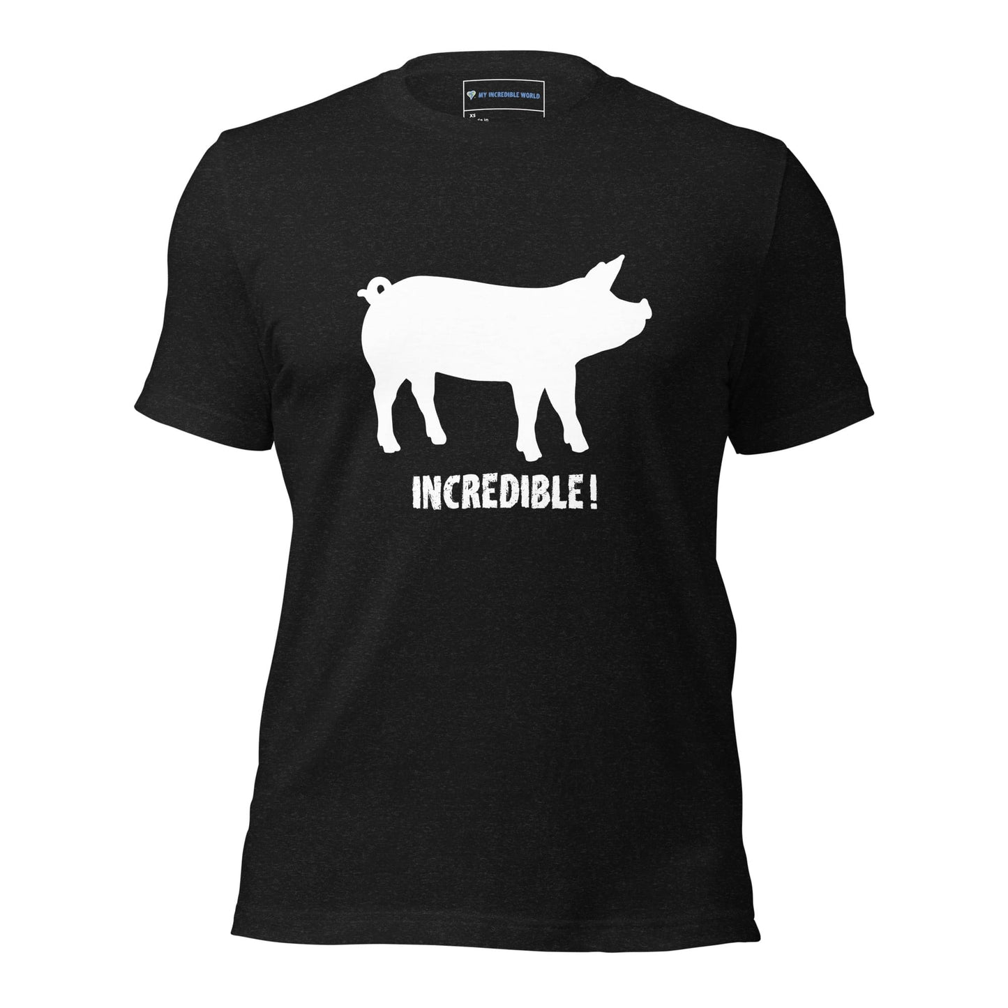 "Pigs are Incredible" Pig T-Shirt - White Print (Adult Unisex) Black Heather / XS