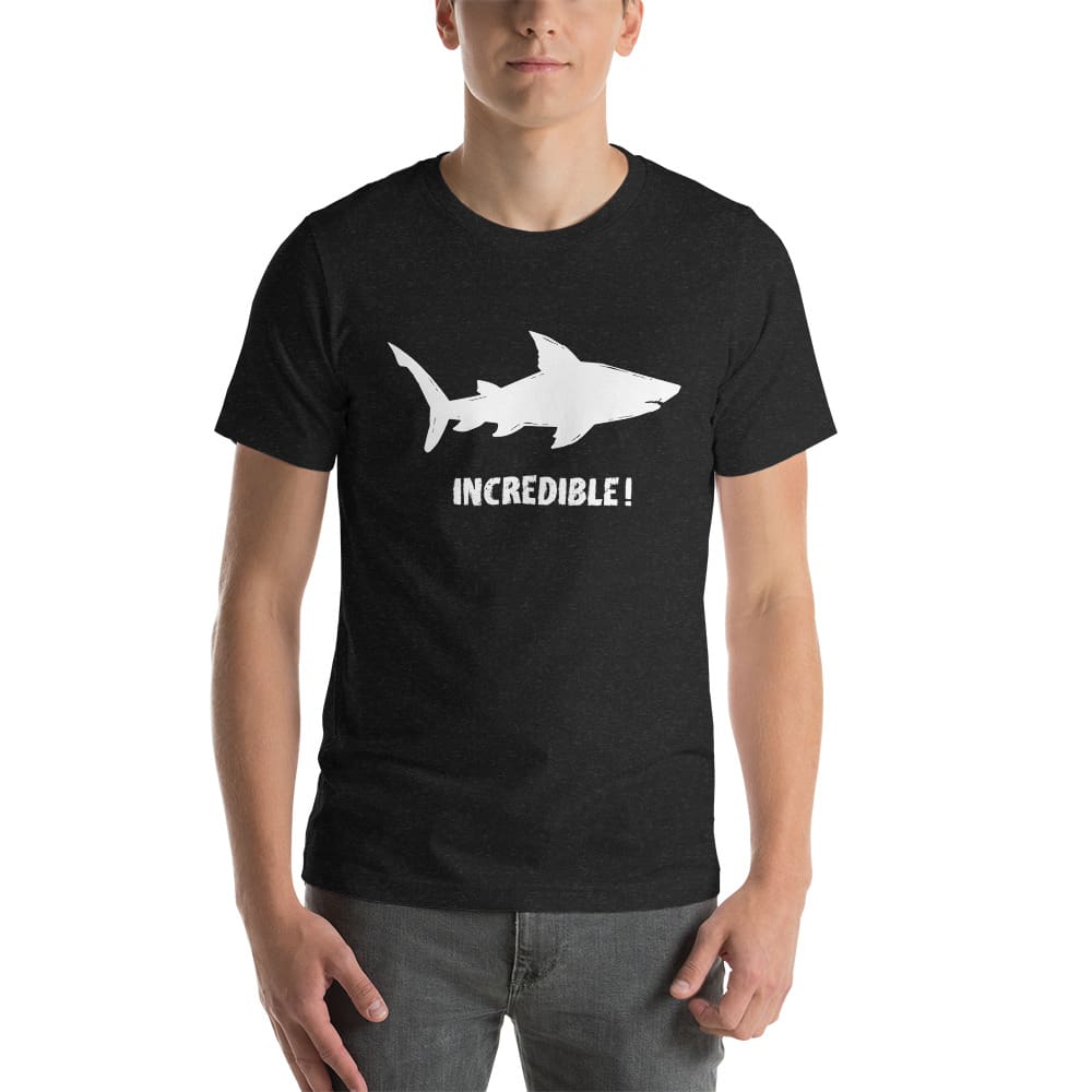 "Sharks Are Incredible" Shark T-Shirt - White Print (Adult Unisex/Men's) Black Heather / XS