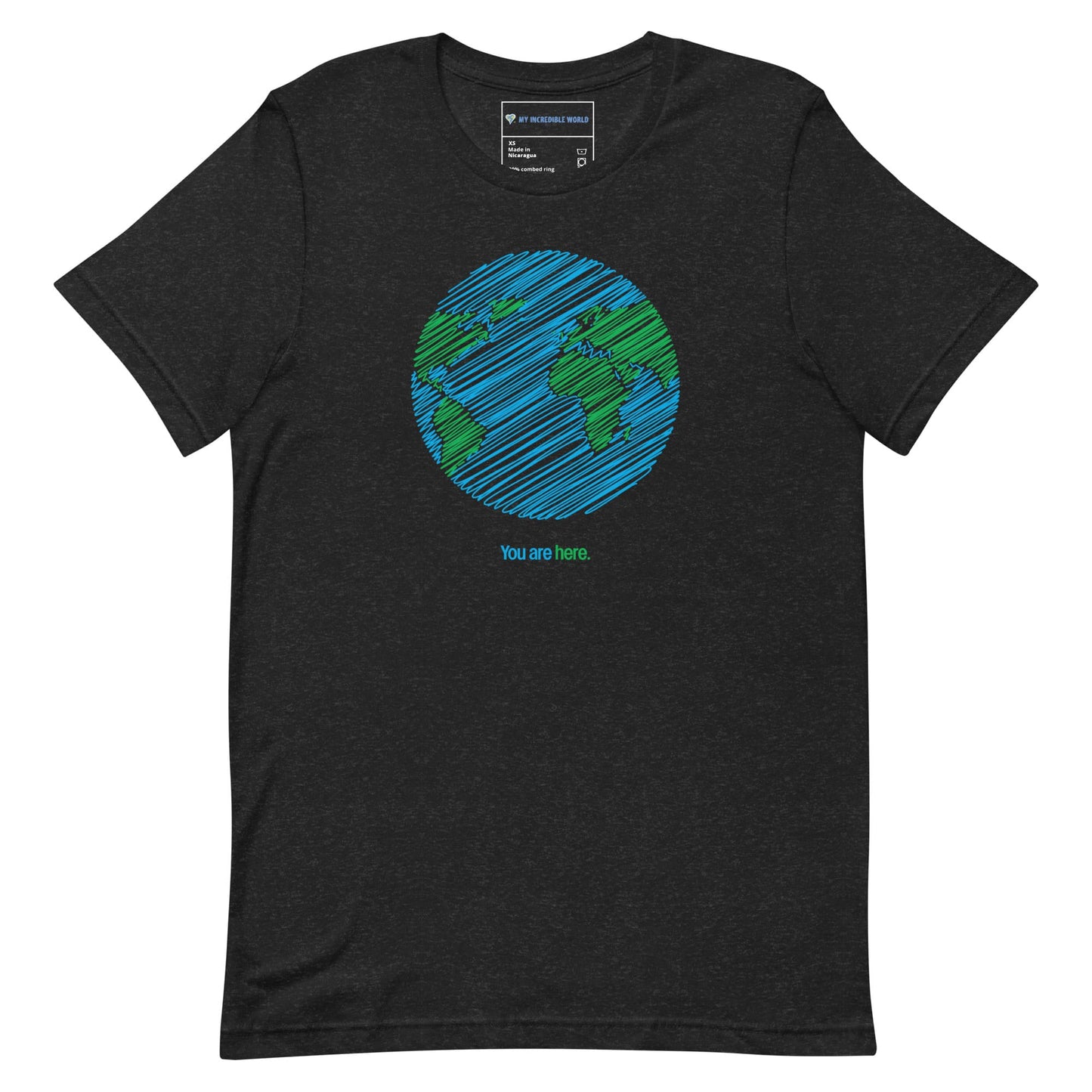 "You Are Here" Planet Earth Sketch T-Shirt (Adult Unisex) Black Heather / XS