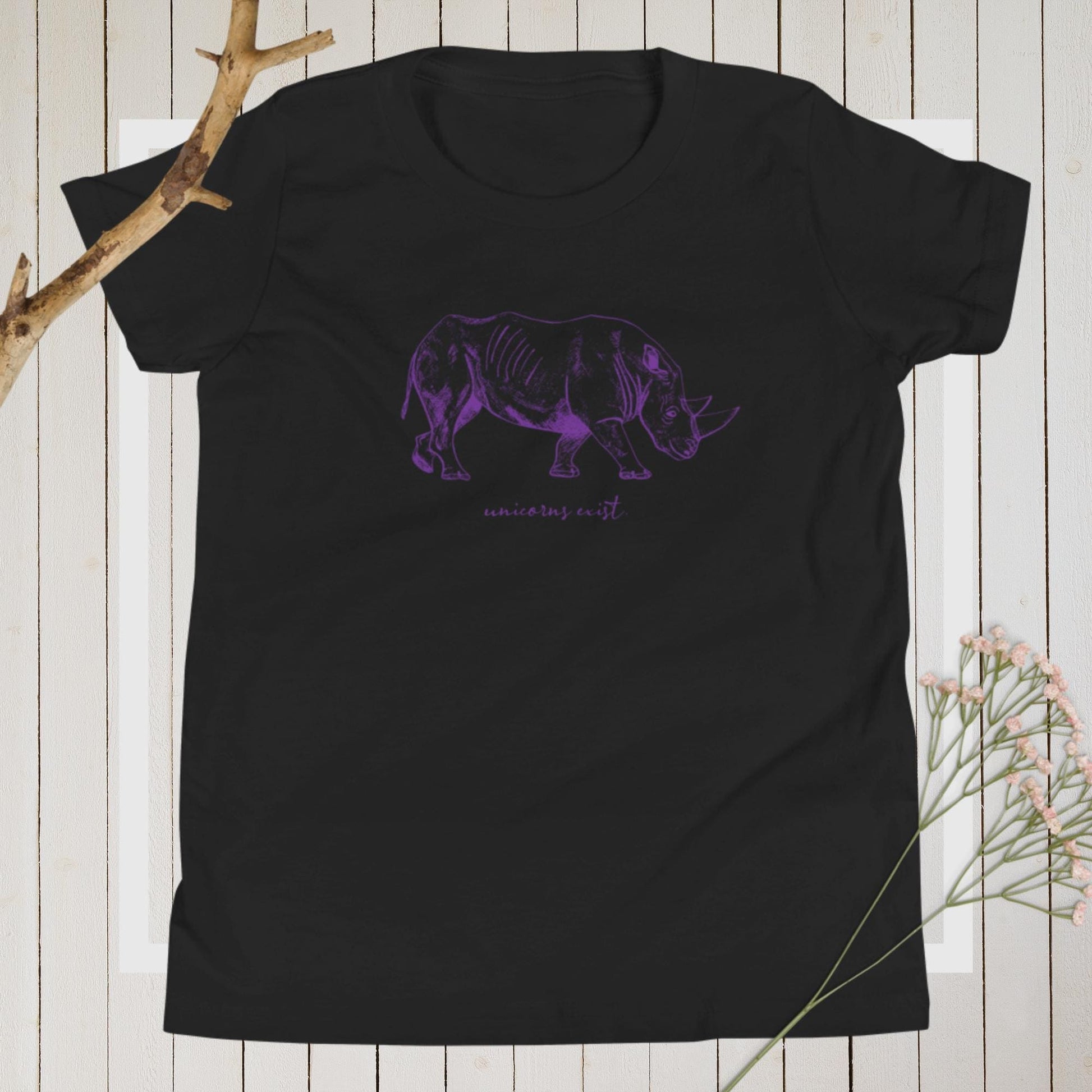 "Unicorns Exist" Rhinoceros T-Shirt for Kids/Youth (Purple Print) Black / S