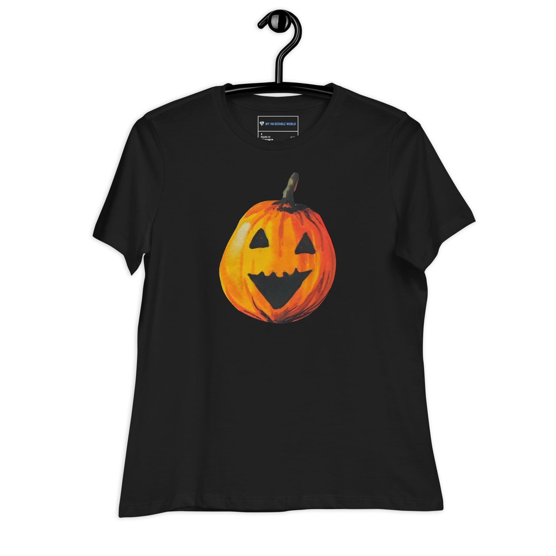 "Watercolor Jack-o-Lantern" Women's Pumpkin T-Shirt Black / S