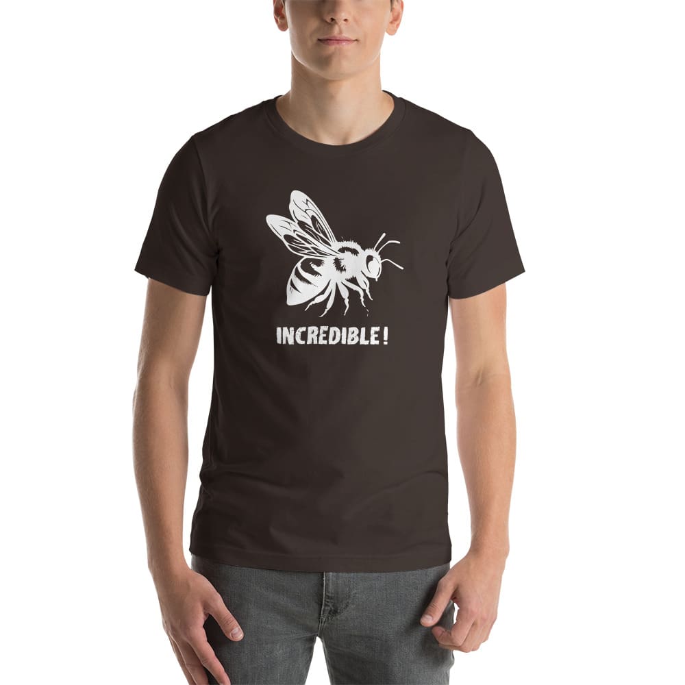 "Bees are Incredible" Bee T-Shirt - White Print (Adult Unisex / Men's) Brown / S