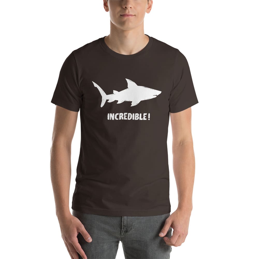 "Sharks Are Incredible" Shark T-Shirt - White Print (Adult Unisex/Men's) Brown / S