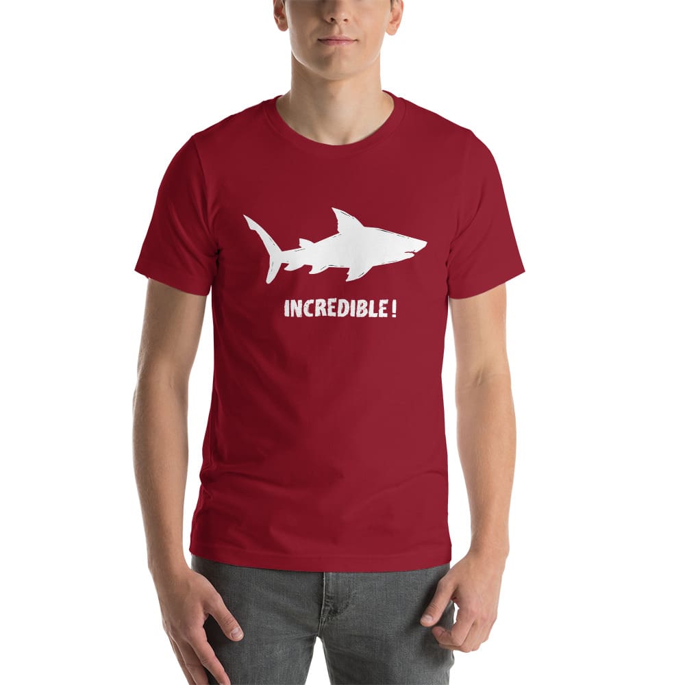 "Sharks Are Incredible" Shark T-Shirt - White Print (Adult Unisex/Men's) Cardinal / XS