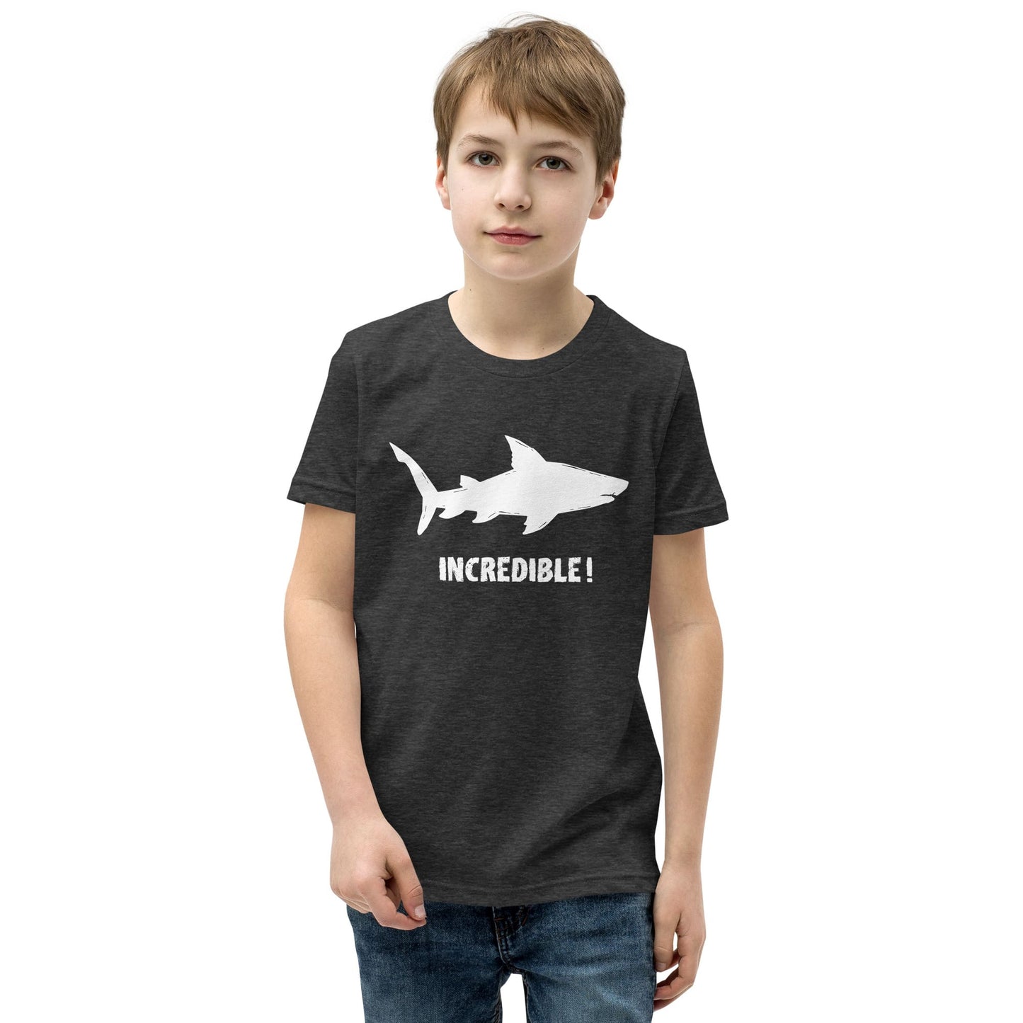 "Sharks Are Incredible" Shark T-Shirt for Youth/Kids (White Print) Dark Grey Heather / S