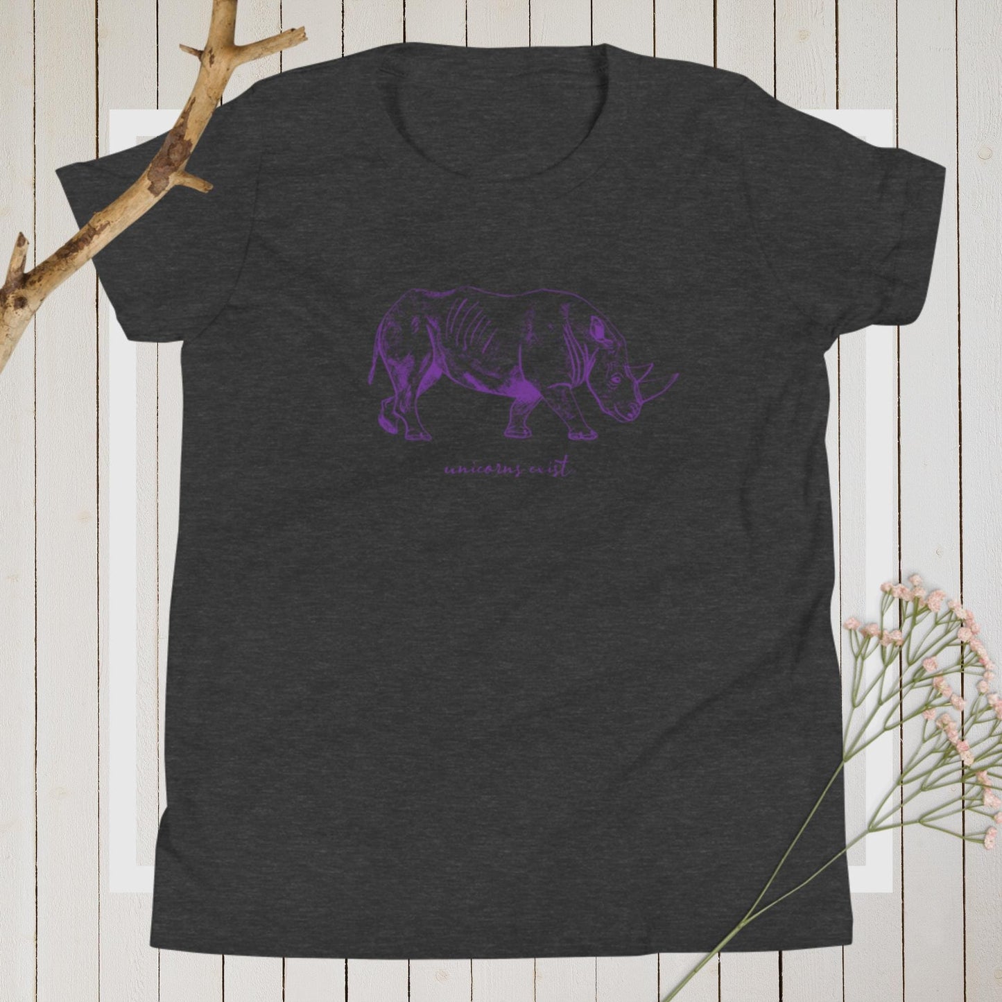 "Unicorns Exist" Rhinoceros T-Shirt for Kids/Youth (Purple Print) Dark Grey Heather / S