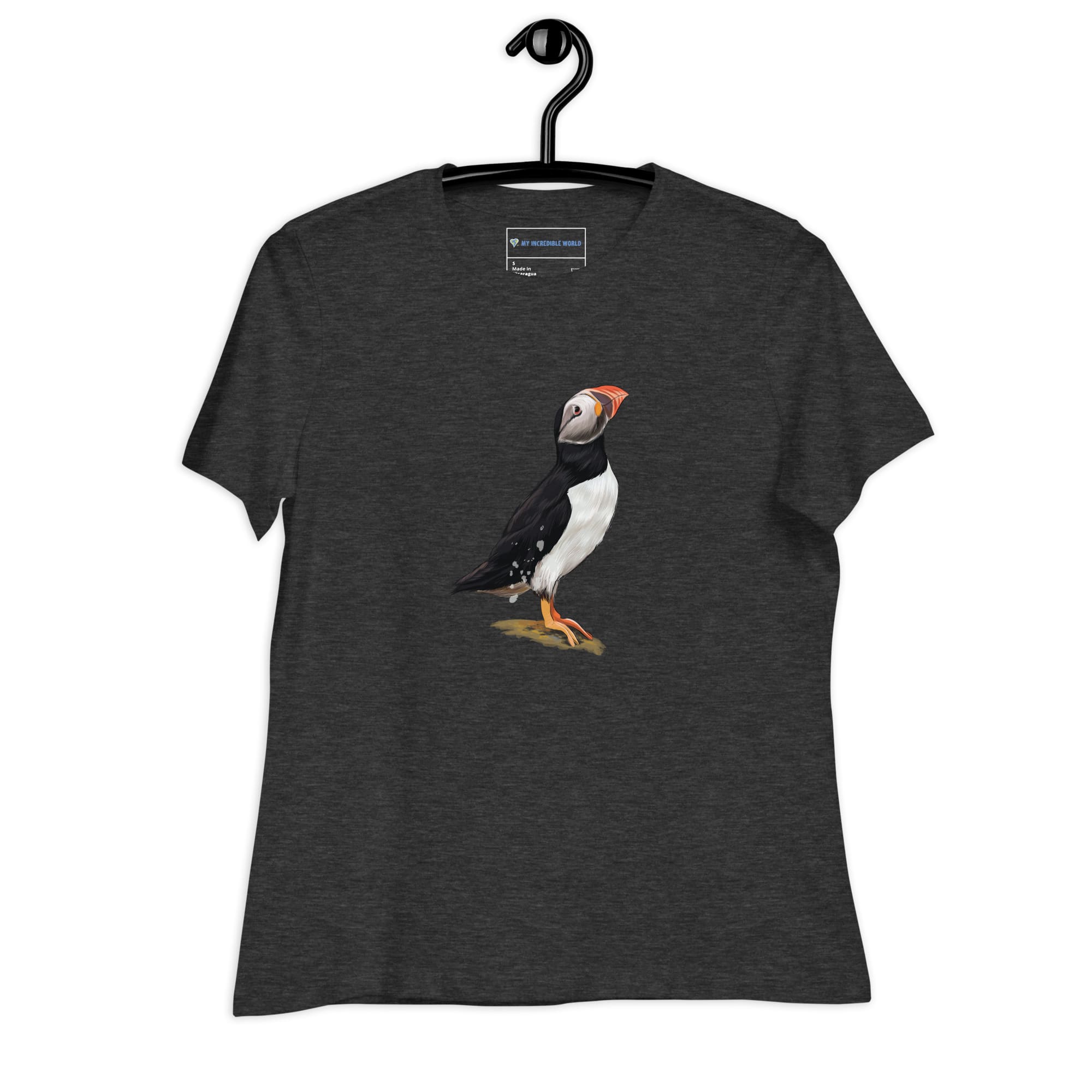 "Watercolor Puffin" Women's Puffin T-Shirt Dark Grey Heather / S