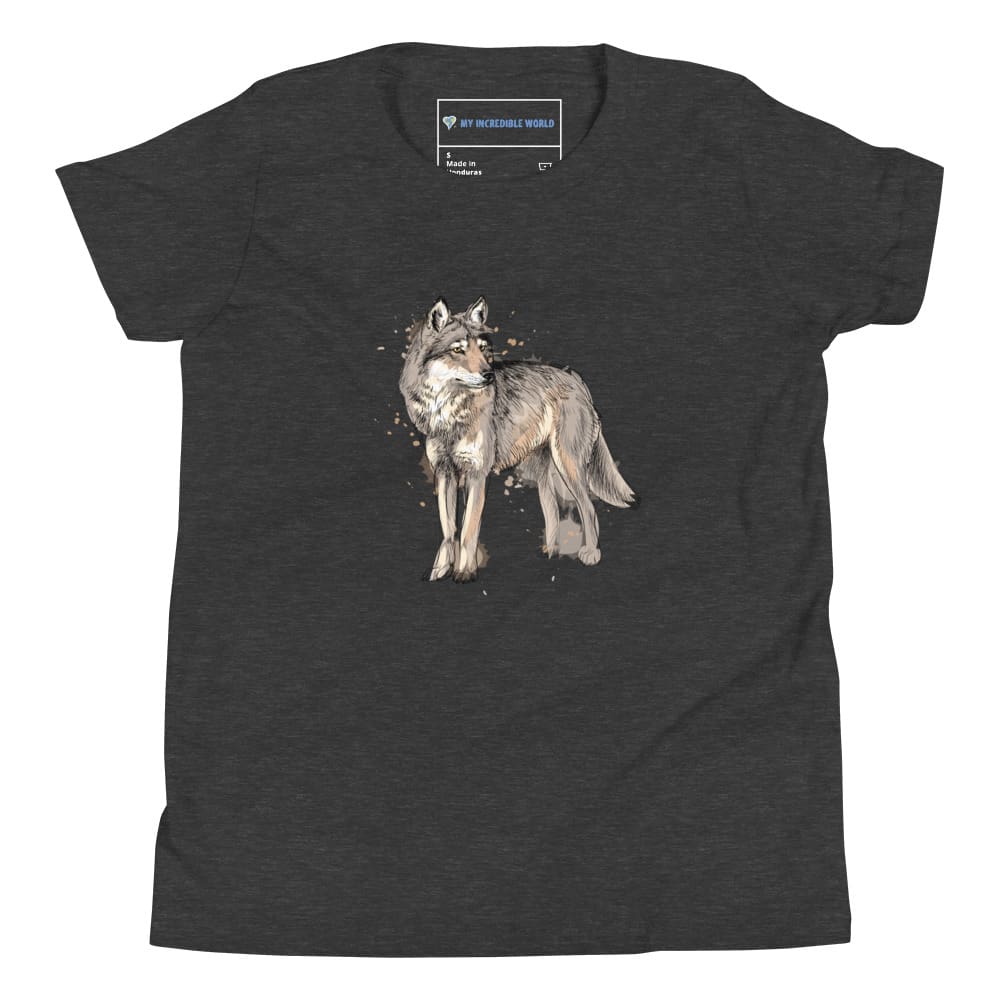 "Watercolor Wolf" Wolf T-Shirt (Youth/Kids) Dark Grey Heather / S