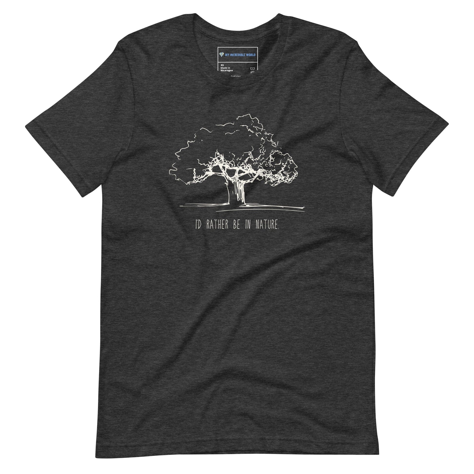 "I'd Rather Be in Nature" Nature-Lover's T-Shirt with Tree Sketch (Adult Unisex) Dark Grey Heather / XS