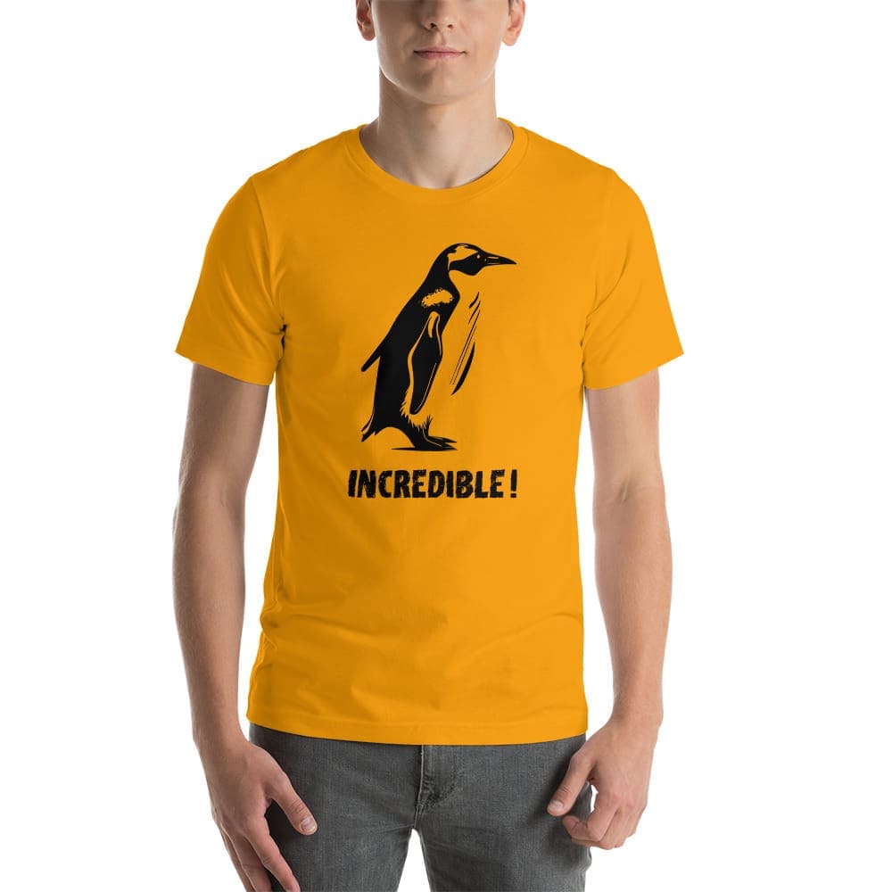 “Penguins Are Incredible!” Penguins T-Shirt – Black Print (Adult Unisex / Men’s) Gold / S