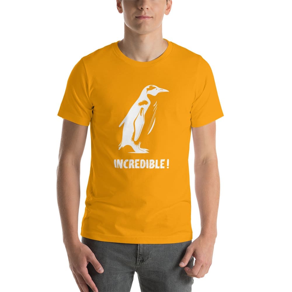 “Penguins Are Incredible!” Penguins T-Shirt – White Print (Adult Unisex / Men’s) Gold / S