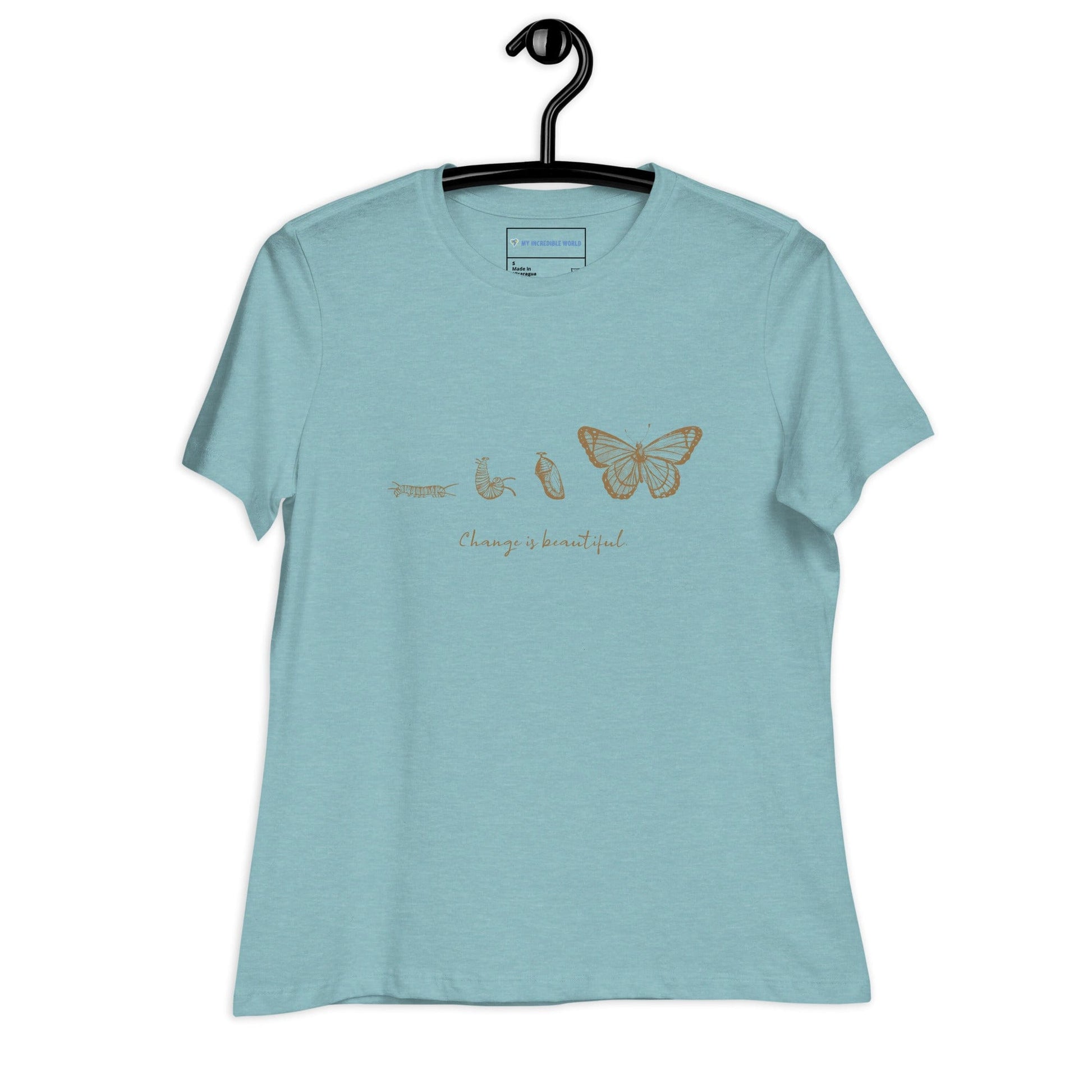 "Change is Beautiful" Butterfly Metamorphosis T-Shirt (Women's) Heather Blue Lagoon / S