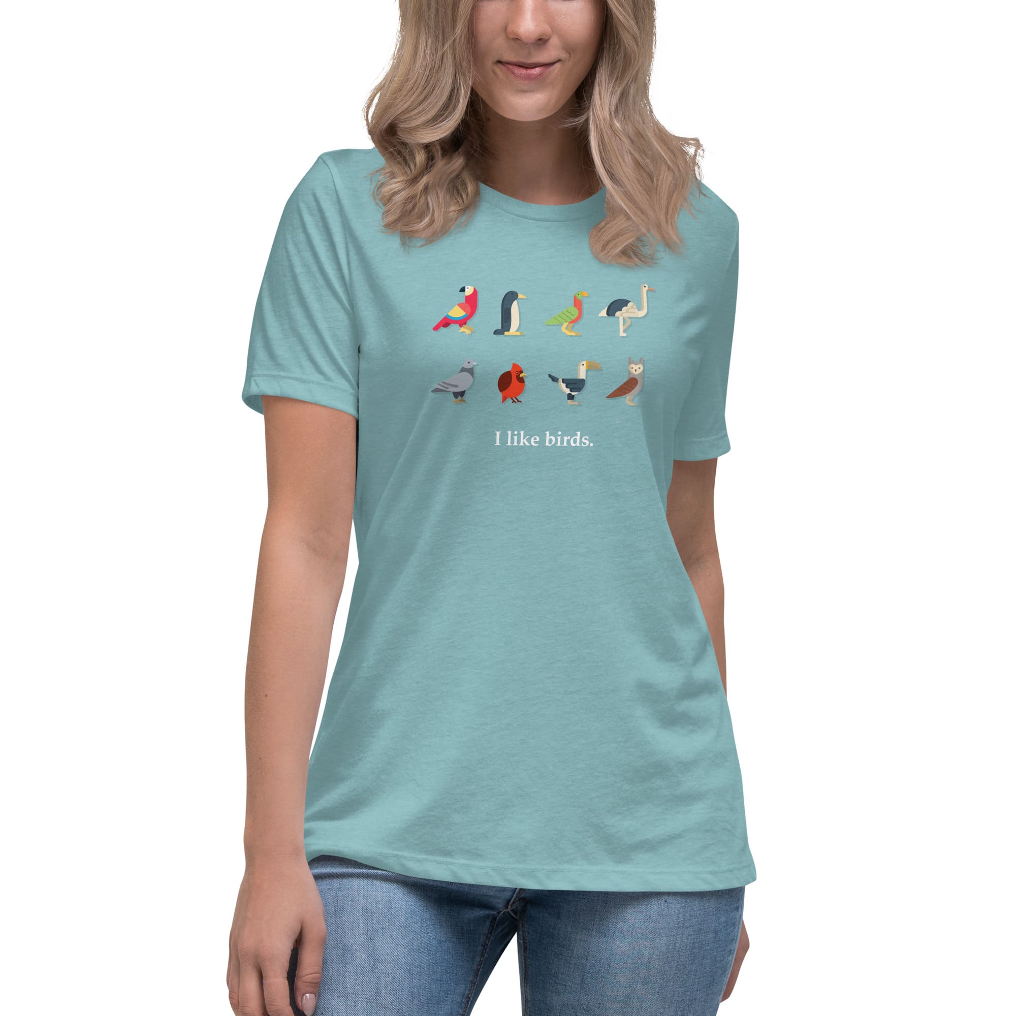 "I Like Birds" Bird Lovers T-Shirt (Women's) Heather Blue Lagoon / S