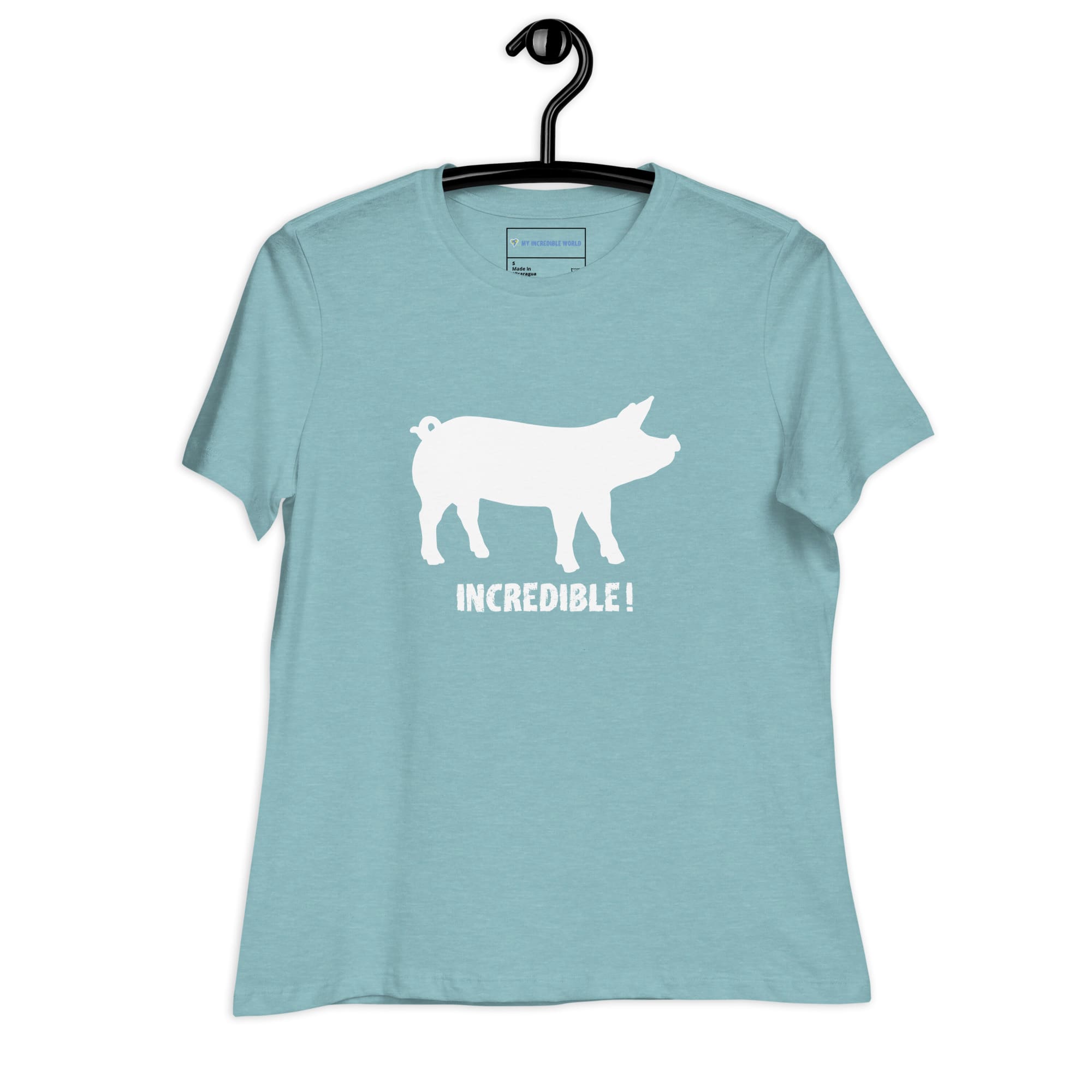 "Pigs Are Incredible" Pig T-Shirt for Women (White Print) Heather Blue Lagoon / S