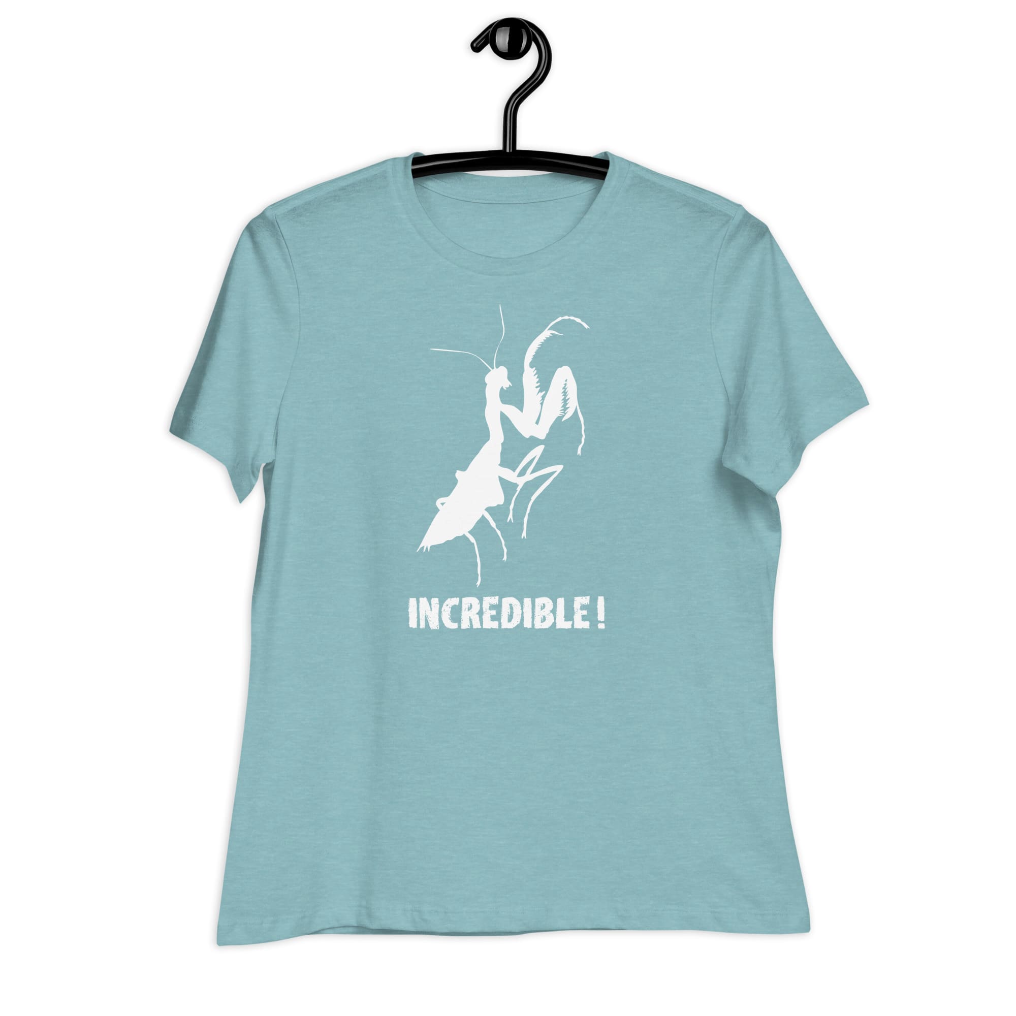 "Praying Mantises Are Incredible!" Praying Mantis T-Shirt - White Print (Women's) Heather Blue Lagoon / S