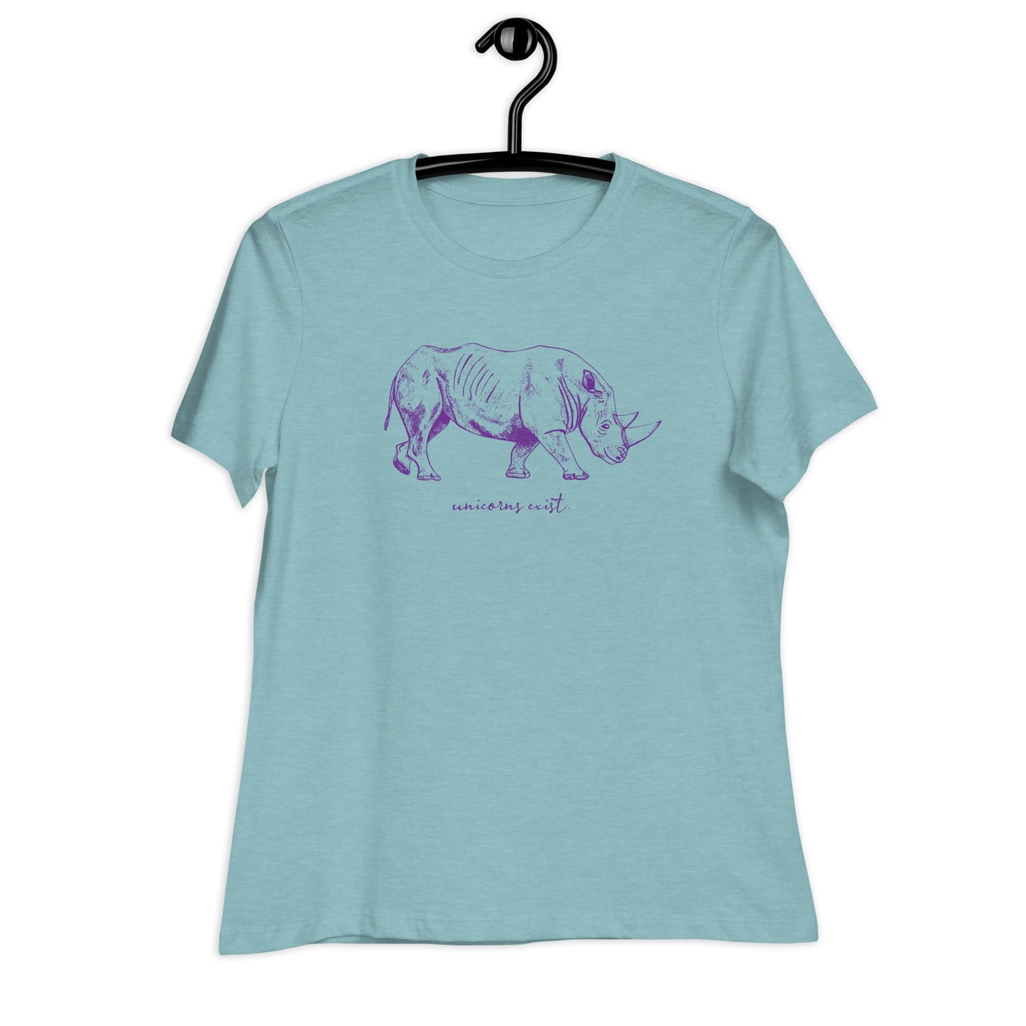 "Unicorns Exist" Rhinoceros T-Shirt for Women (Purple Print) Heather Blue Lagoon / S