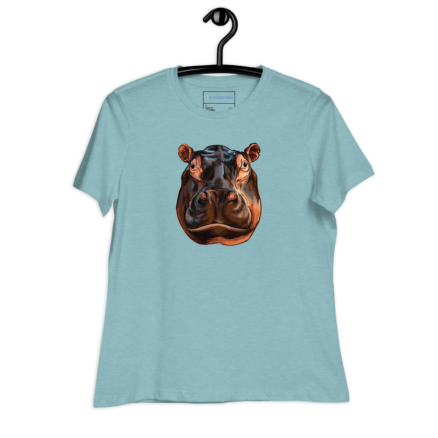 "Watercolor Hippopotamus" Women's Hippo T-Shirt Heather Blue Lagoon / S