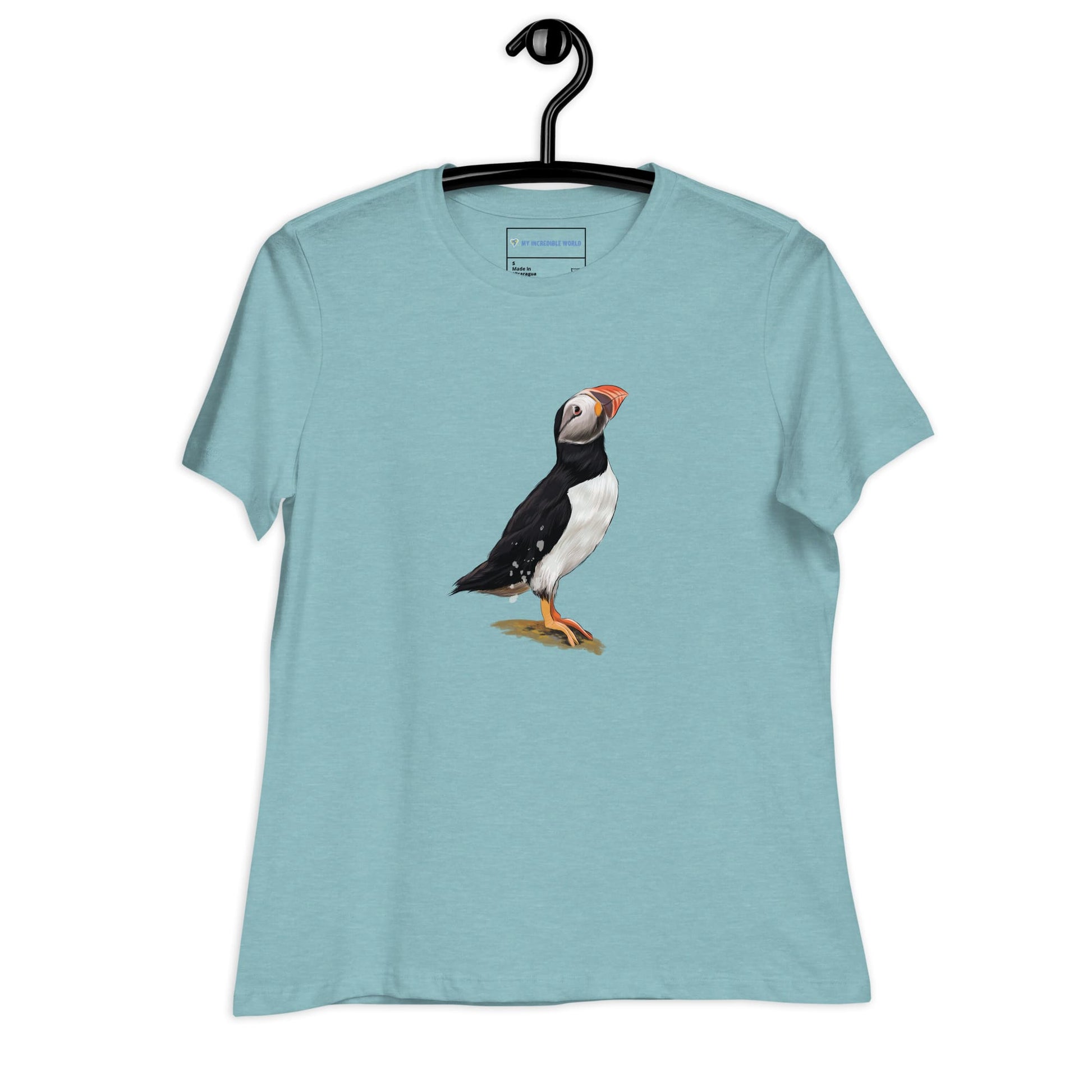 "Watercolor Puffin" Women's Puffin T-Shirt Heather Blue Lagoon / S