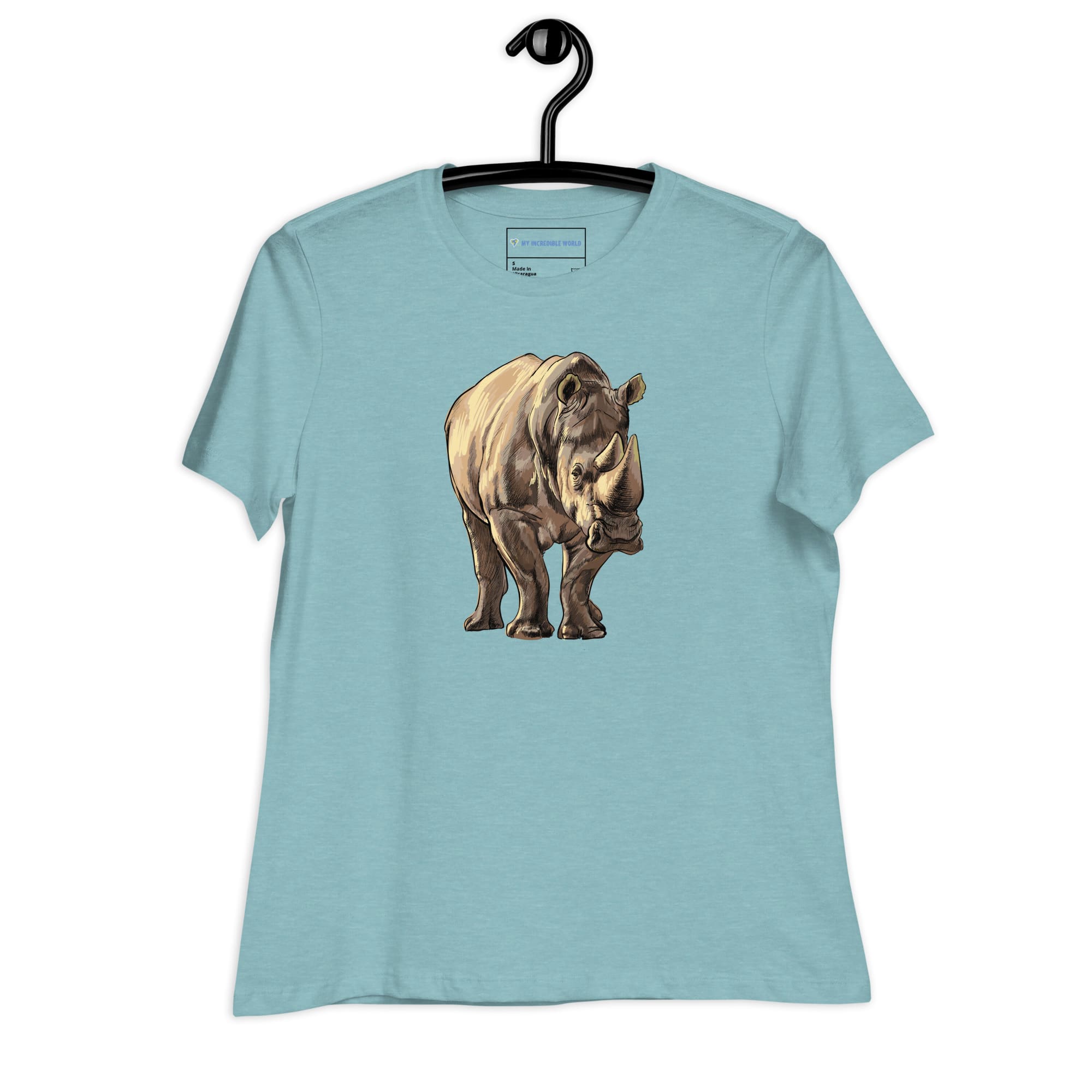 "Watercolor Rhinoceros" Women's Rhino T-Shirt Heather Blue Lagoon / S