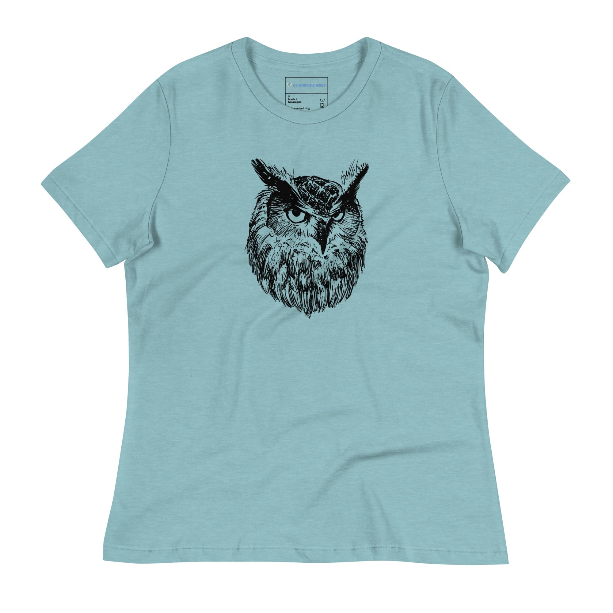 "Wise Owl" Owl Sketch T-Shirt (Women's) Heather Blue Lagoon / S