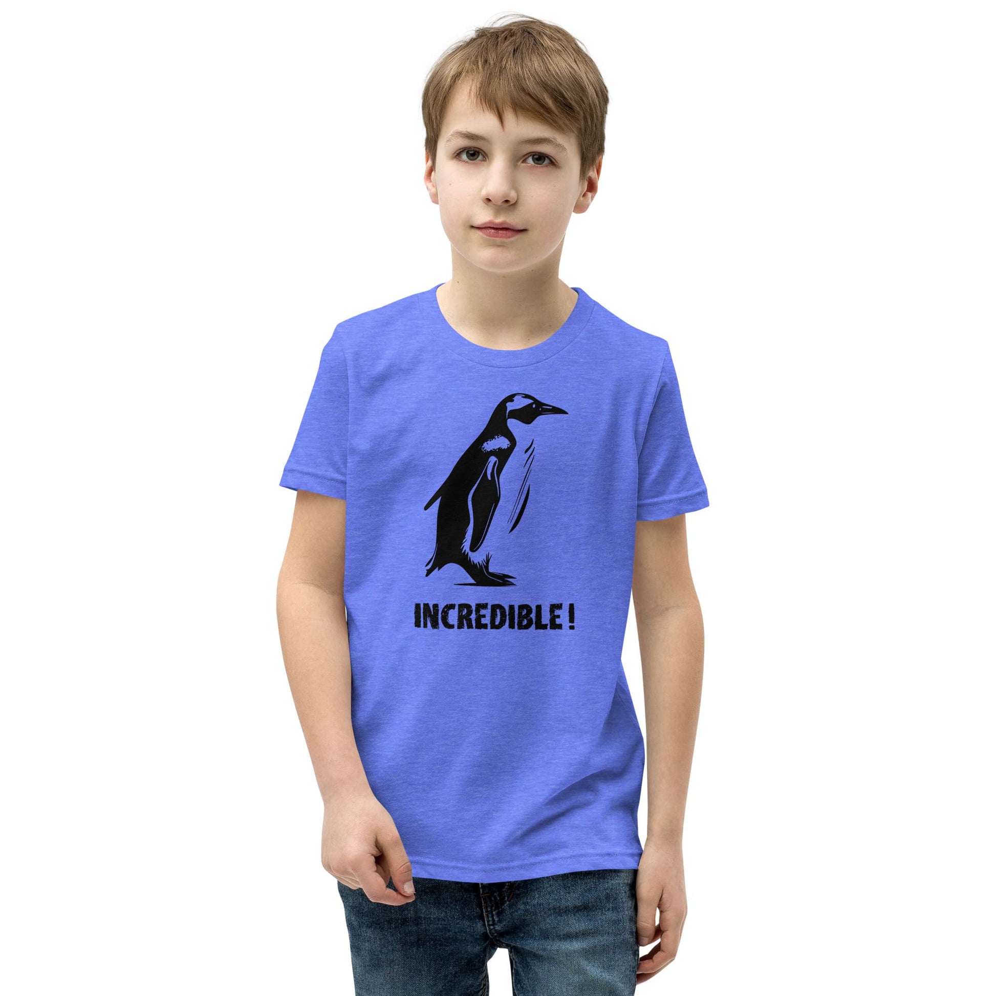 “Penguins Are Incredible” Penguin T-Shirt for Kids/Youth (Black Print) Heather Columbia Blue / S