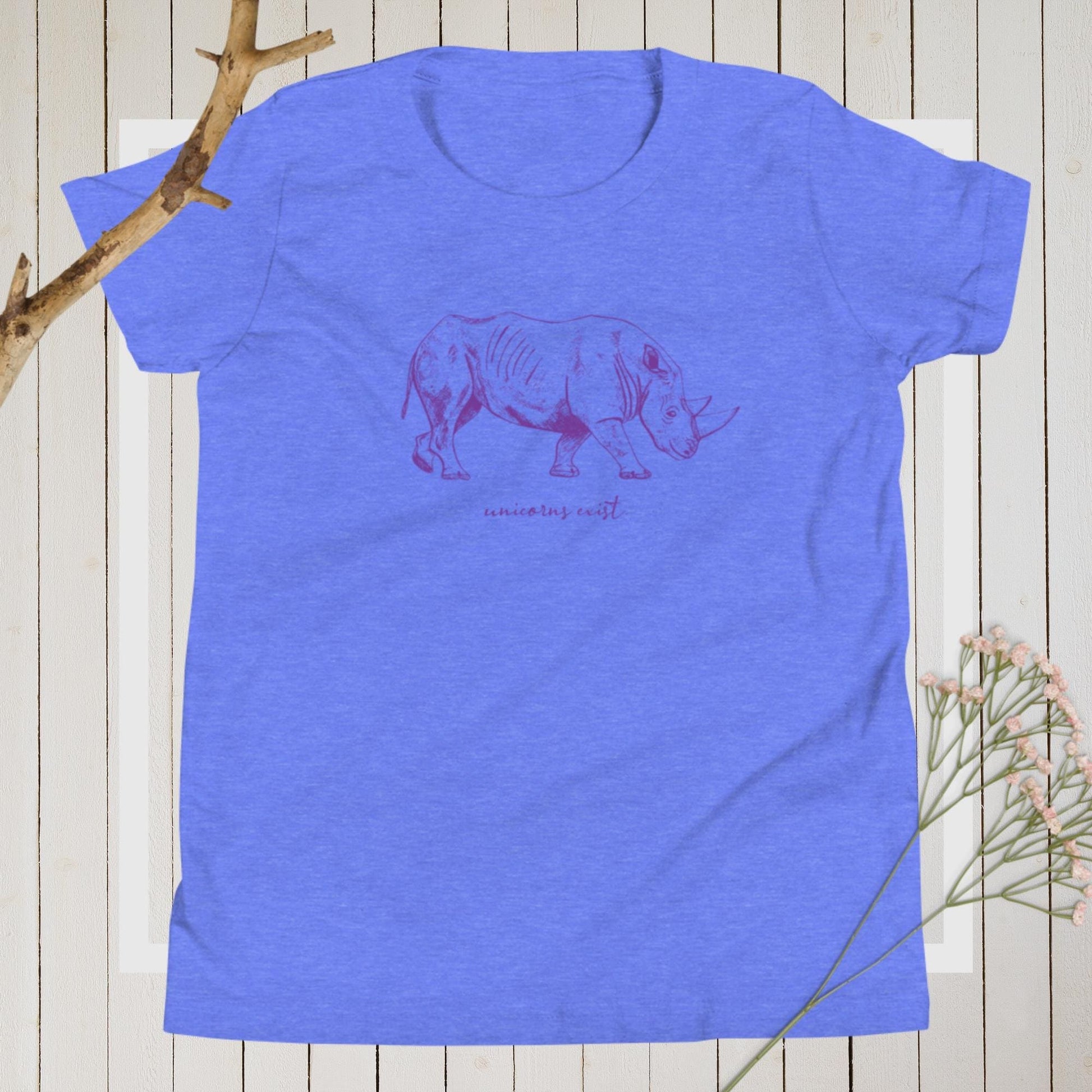 "Unicorns Exist" Rhinoceros T-Shirt for Kids/Youth (Purple Print) Heather Columbia Blue / S