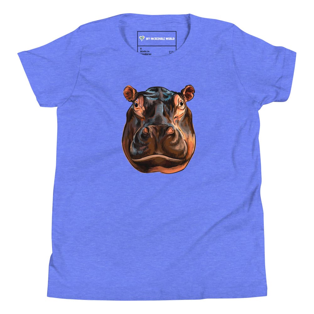 "Watercolor Hippopotamus" Hippo T-Shirt (Youth/Kids) Heather Columbia Blue / S