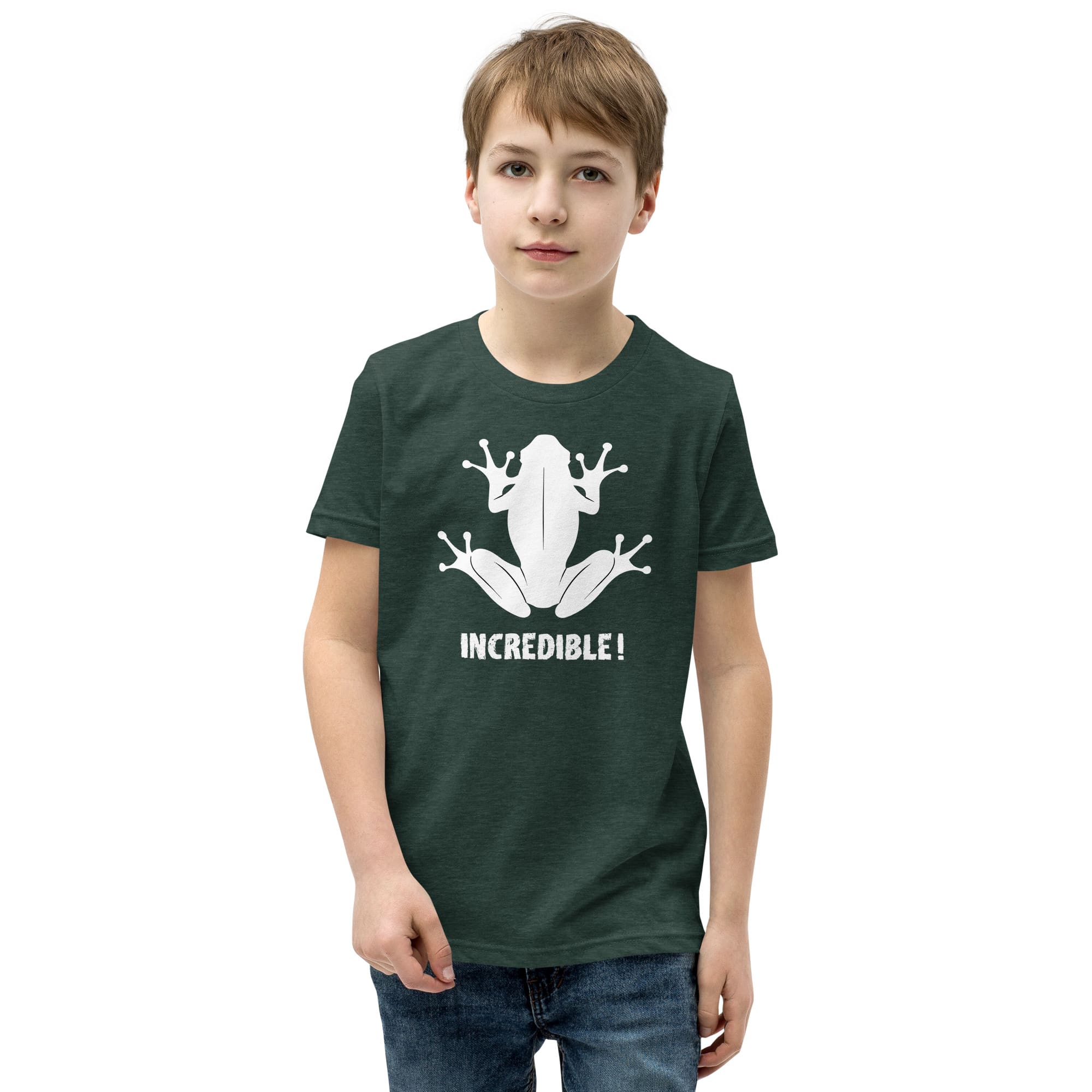 "Frogs Are Incredible" Frog T-Shirt for Youth/Kids (White Print) Heather Forest / S