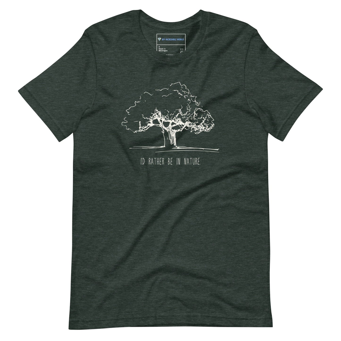 "I'd Rather Be in Nature" Nature-Lover's T-Shirt with Tree Sketch (Adult Unisex) Heather Forest / S