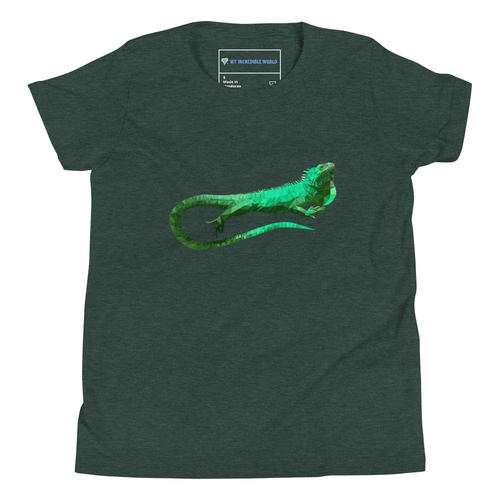 "Low-Poly Iguana" Polygonal Iguana T-Shirt (Youth/Kids) Heather Forest / S