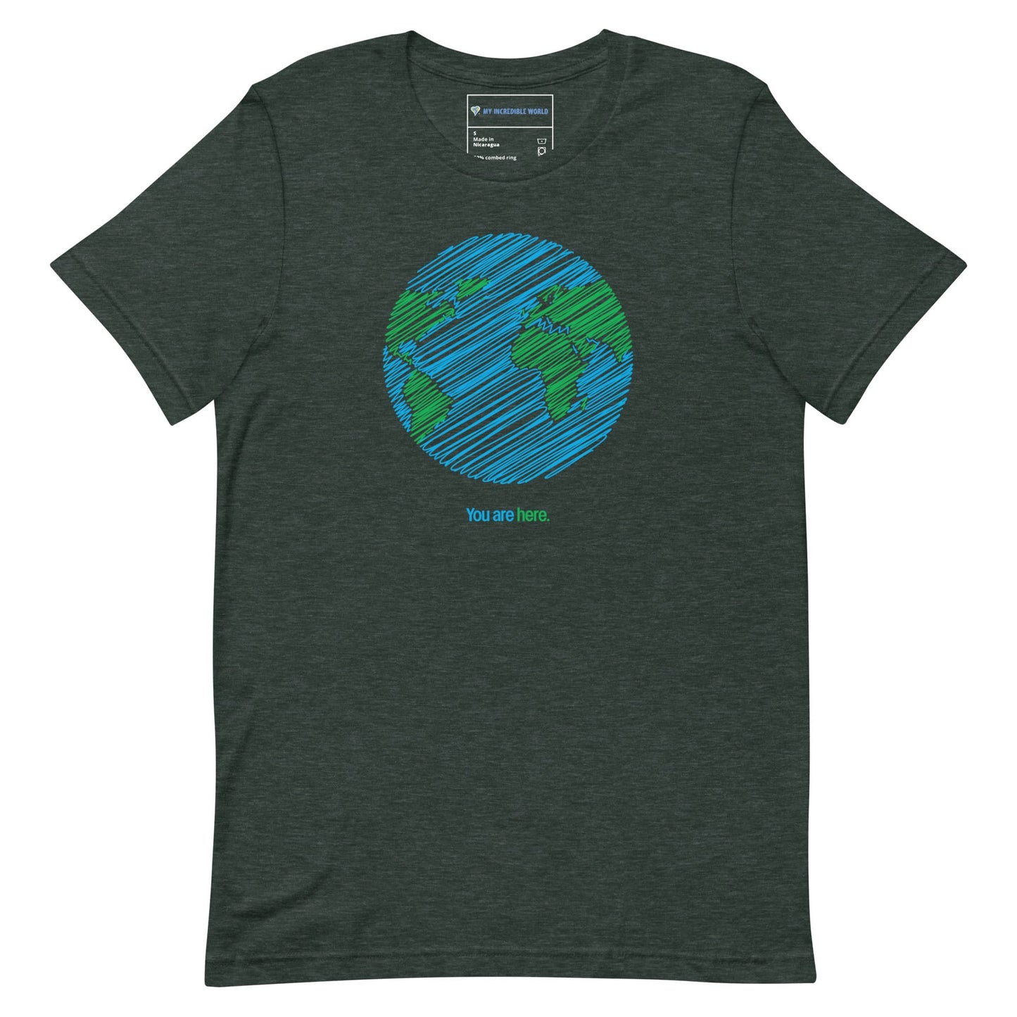 "You Are Here" Planet Earth Sketch T-Shirt (Adult Unisex) Heather Forest / S