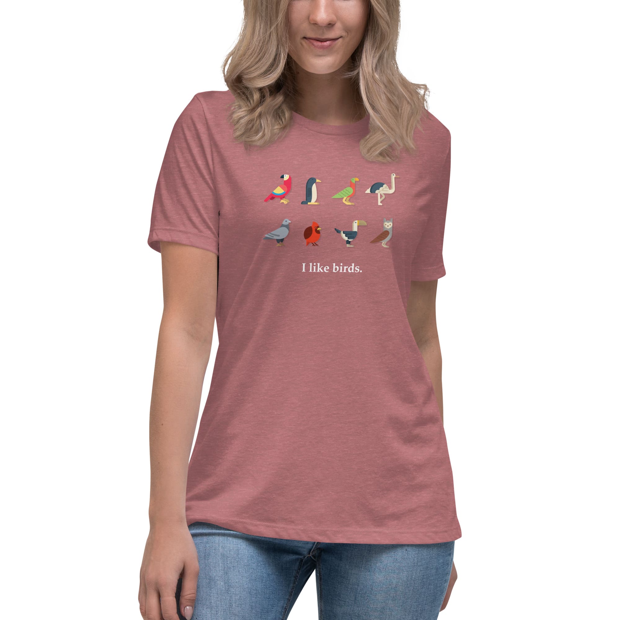 "I Like Birds" Bird Lovers T-Shirt (Women's) Heather Mauve / S