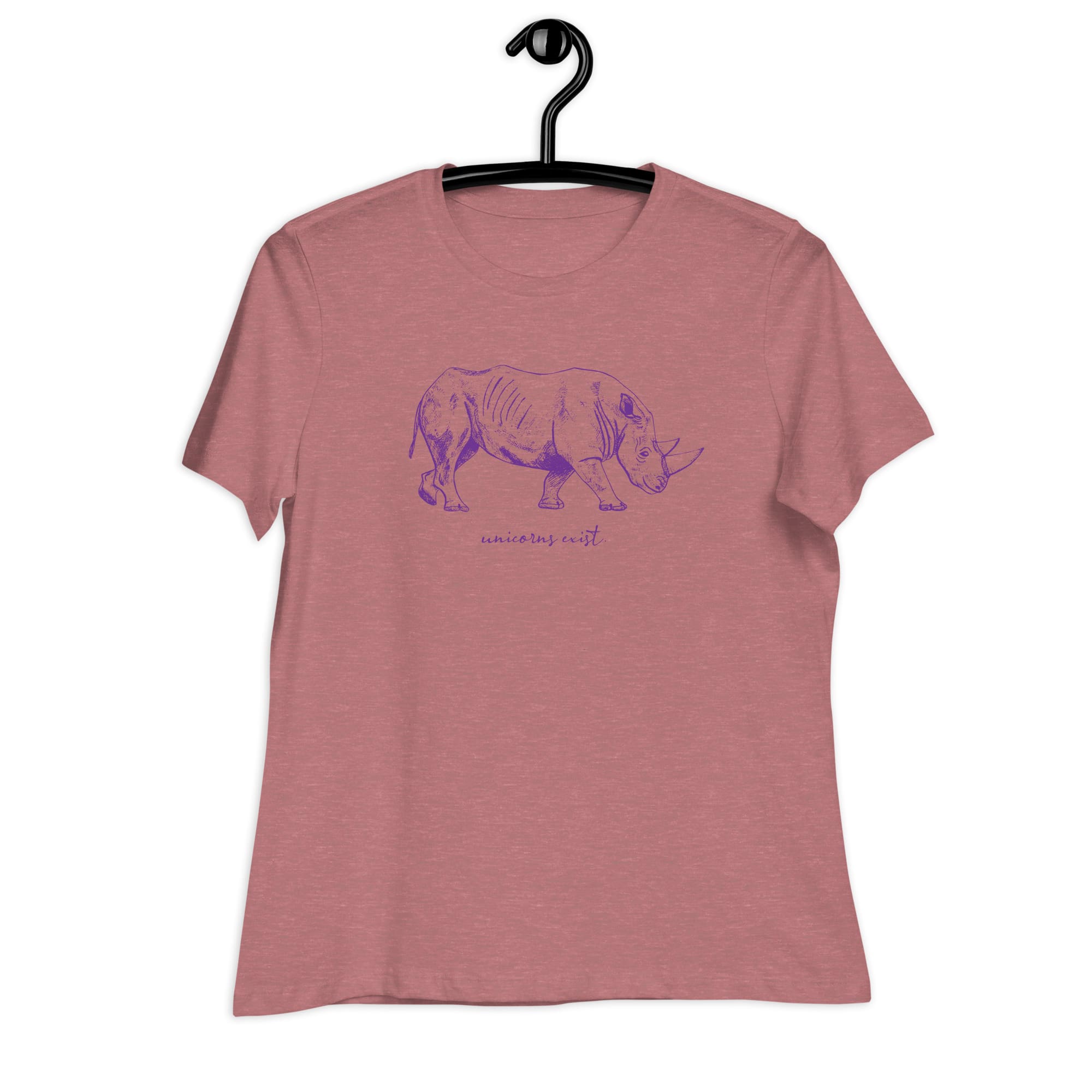 "Unicorns Exist" Rhinoceros T-Shirt for Women (Purple Print) Heather Mauve / S