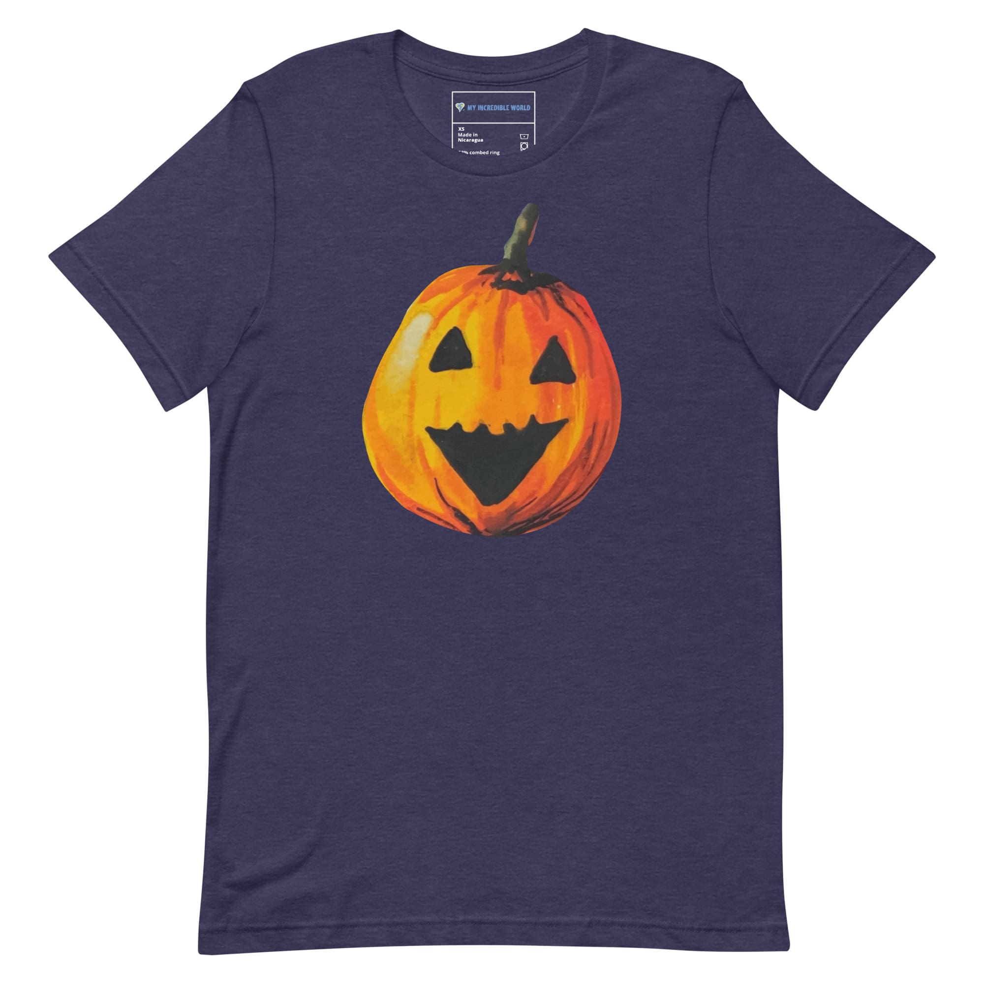 "Watercolor Jack-o-Lantern" Pumpkin T-Shirt (Adult Unisex) Heather Midnight Navy / XS