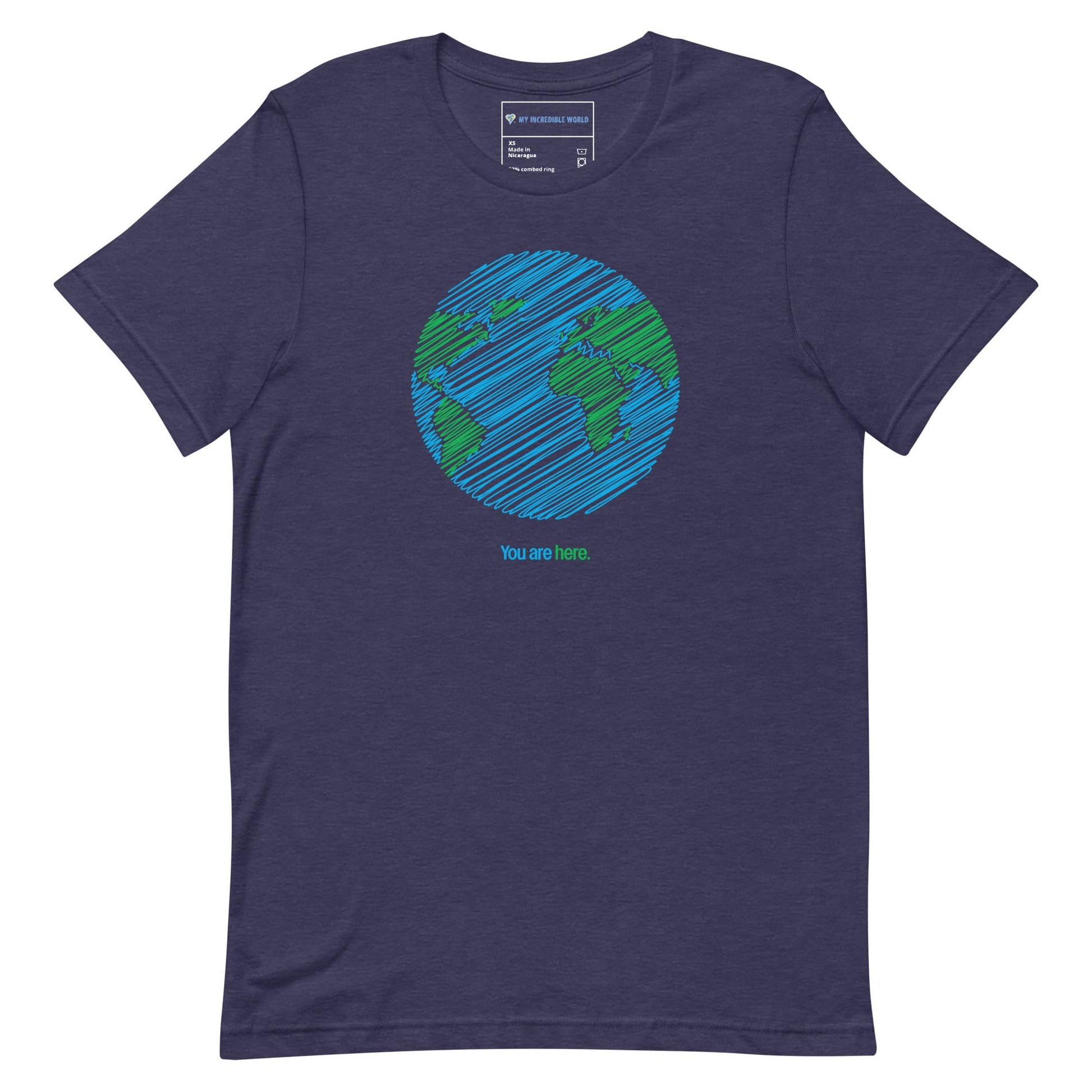 "You Are Here" Planet Earth Sketch T-Shirt (Adult Unisex) Heather Midnight Navy / XS