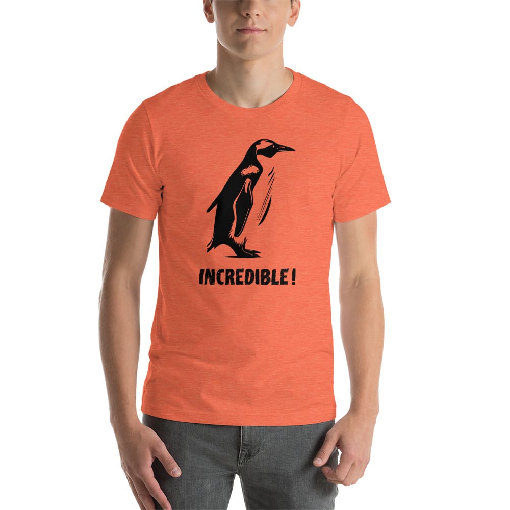 “Penguins Are Incredible!” Penguins T-Shirt – Black Print (Adult Unisex / Men’s) Heather Orange / S