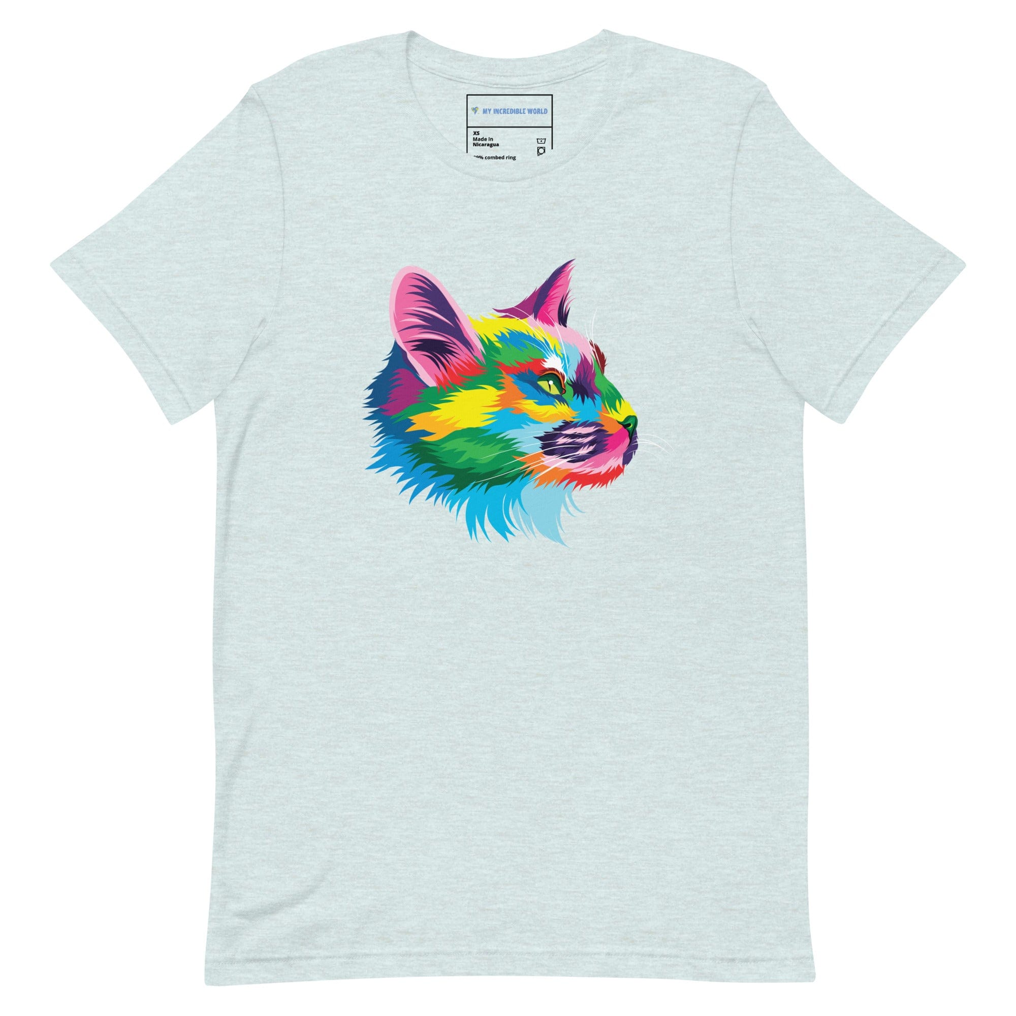 "Rainbow Cat" Cat Profile T-Shirt (Adult Unisex) (The Rainbow Collection) Heather Prism Ice Blue / XS