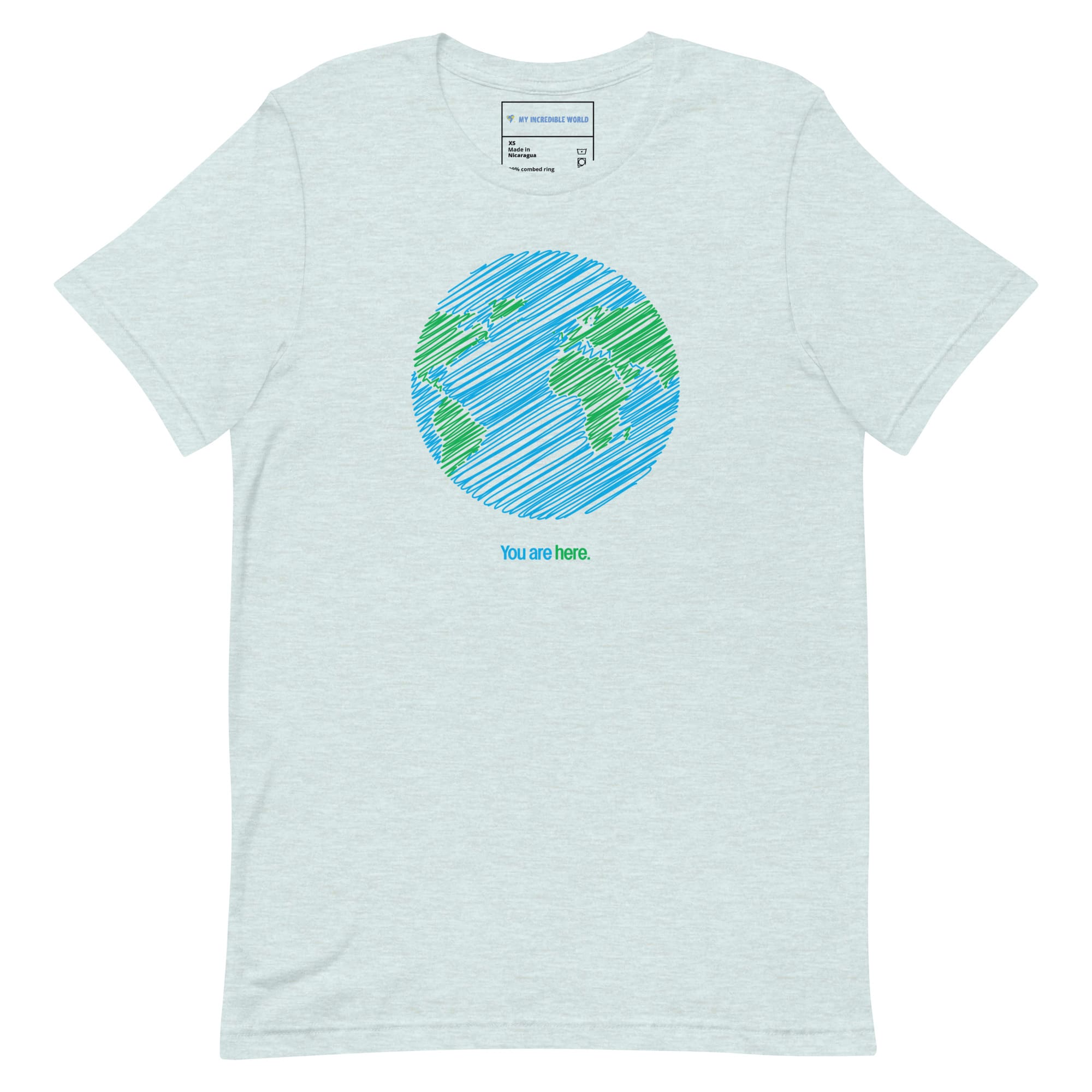 "You Are Here" Planet Earth Sketch T-Shirt (Adult Unisex) Heather Prism Ice Blue / XS