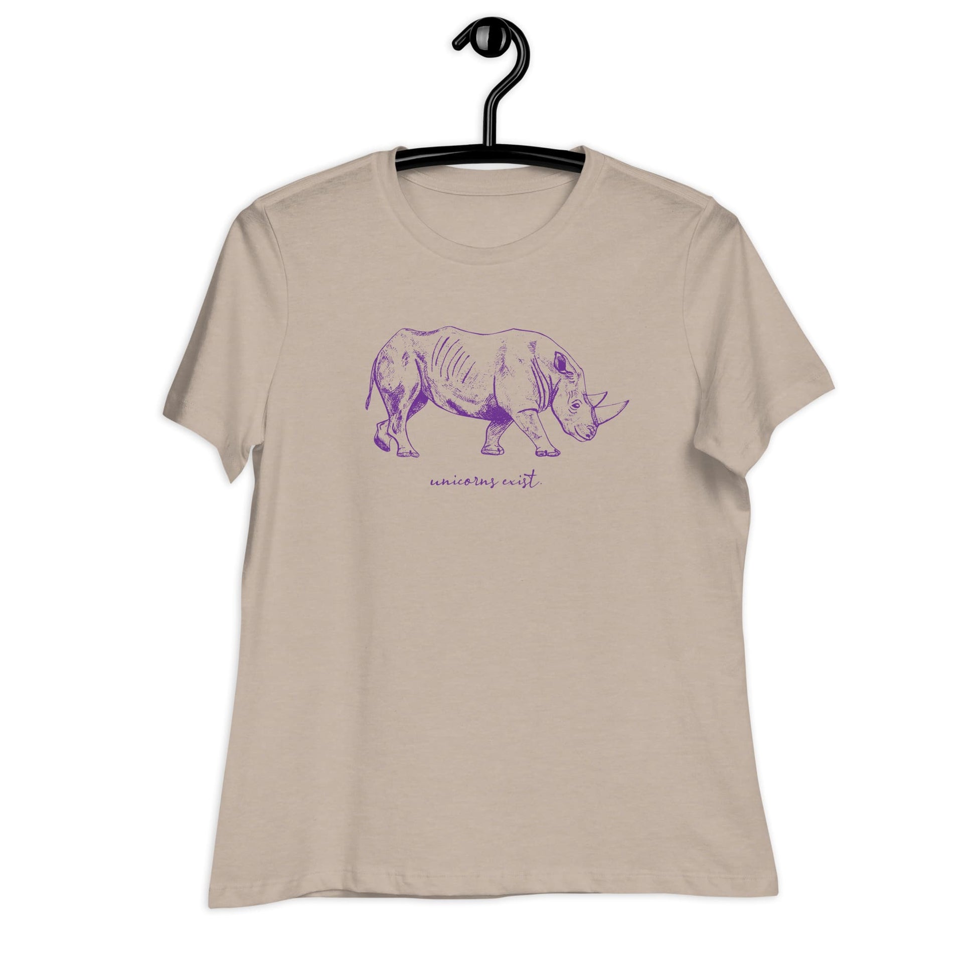 "Unicorns Exist" Rhinoceros T-Shirt for Women (Purple Print) Heather Stone / S