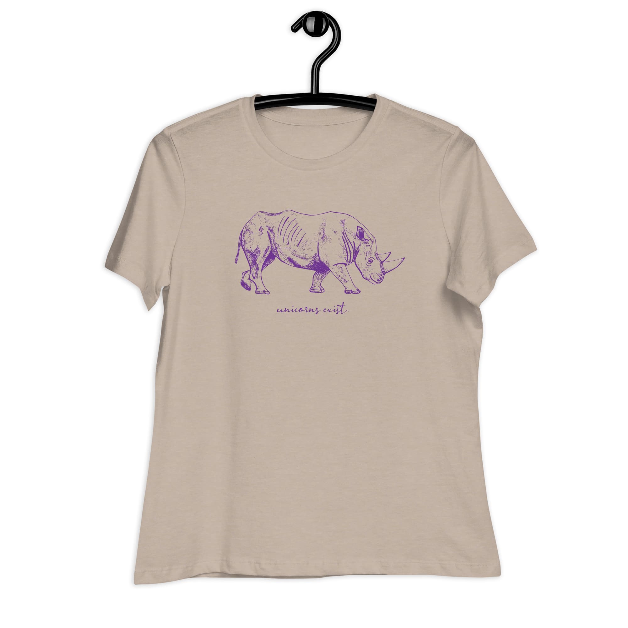 "Unicorns Exist" Rhinoceros T-Shirt for Women (Purple Print) Heather Stone / S