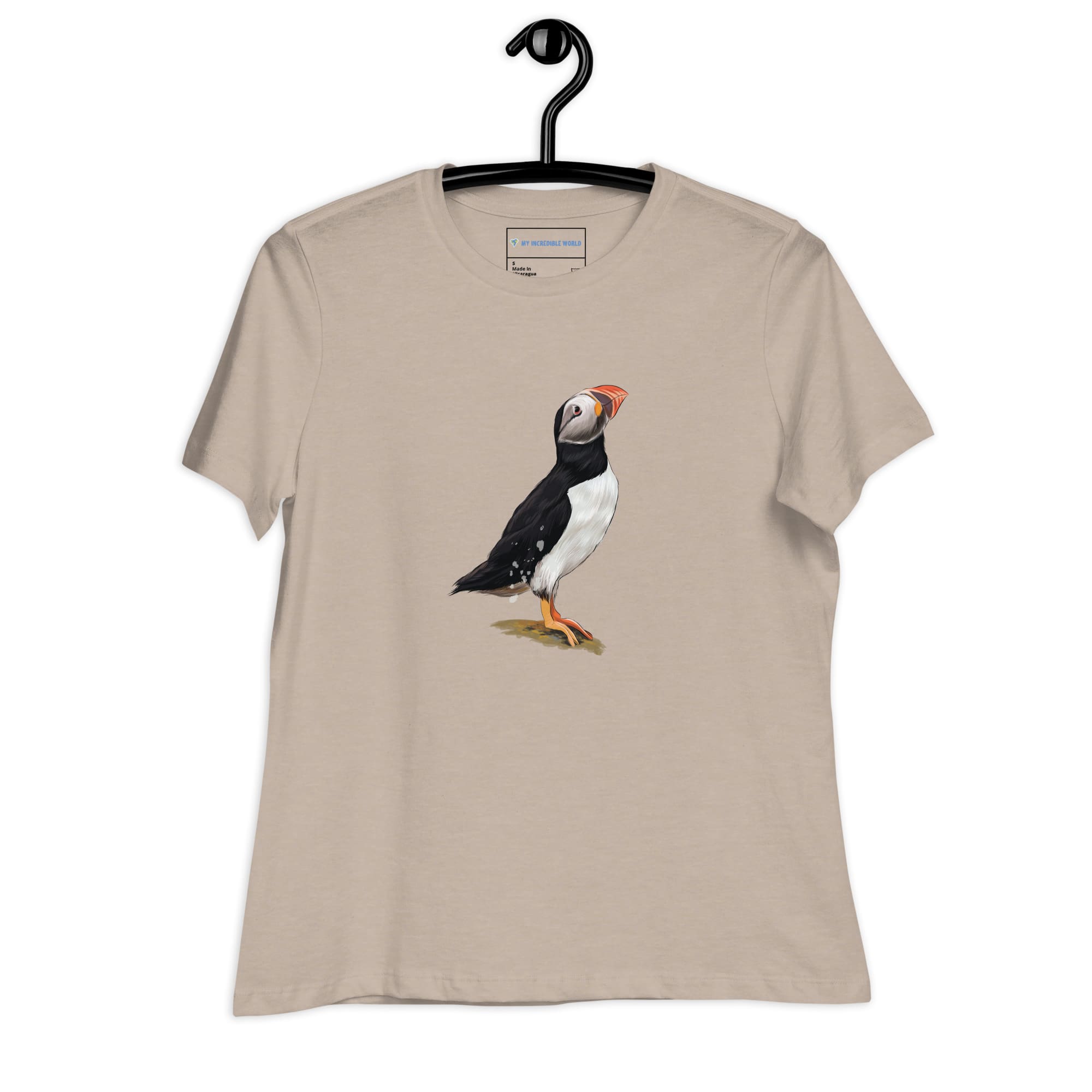 "Watercolor Puffin" Women's Puffin T-Shirt Heather Stone / S