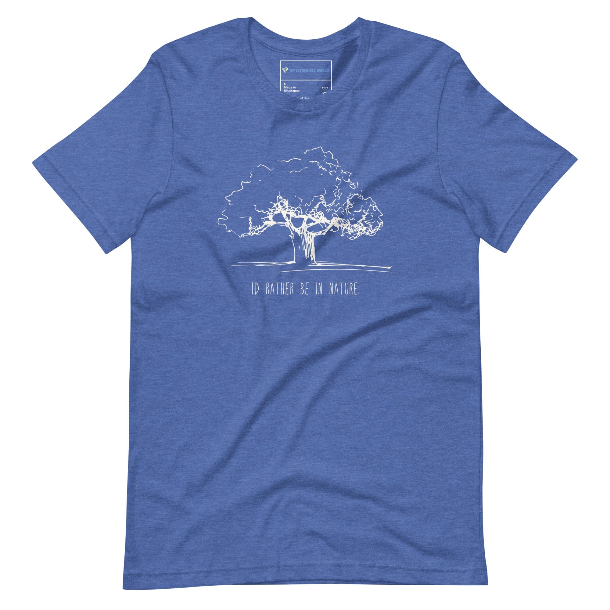 "I'd Rather Be in Nature" Nature-Lover's T-Shirt with Tree Sketch (Adult Unisex) Heather True Royal / S