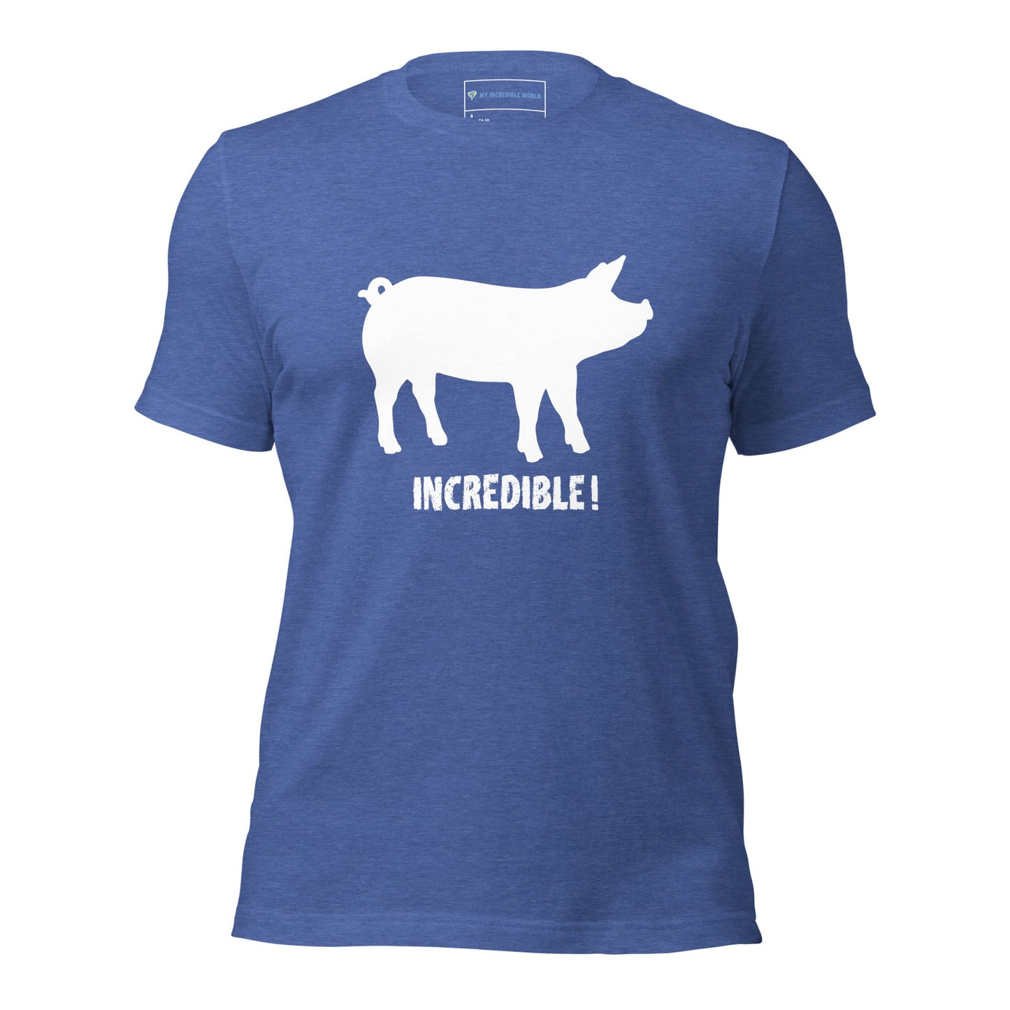 "Pigs are Incredible" Pig T-Shirt - White Print (Adult Unisex) Heather True Royal / S