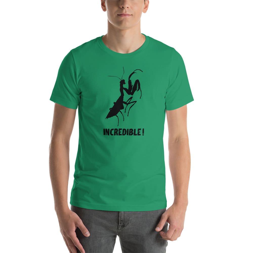 "Praying Mantises Are Incredible!" Praying Mantis T-Shirt - Black Print (Adult Unisex / Men's) Kelly / XS