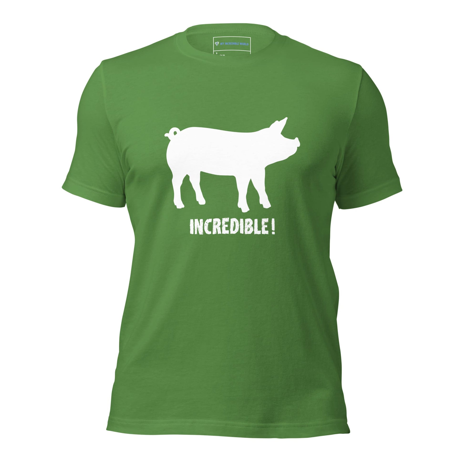 "Pigs are Incredible" Pig T-Shirt - White Print (Adult Unisex) Leaf / S