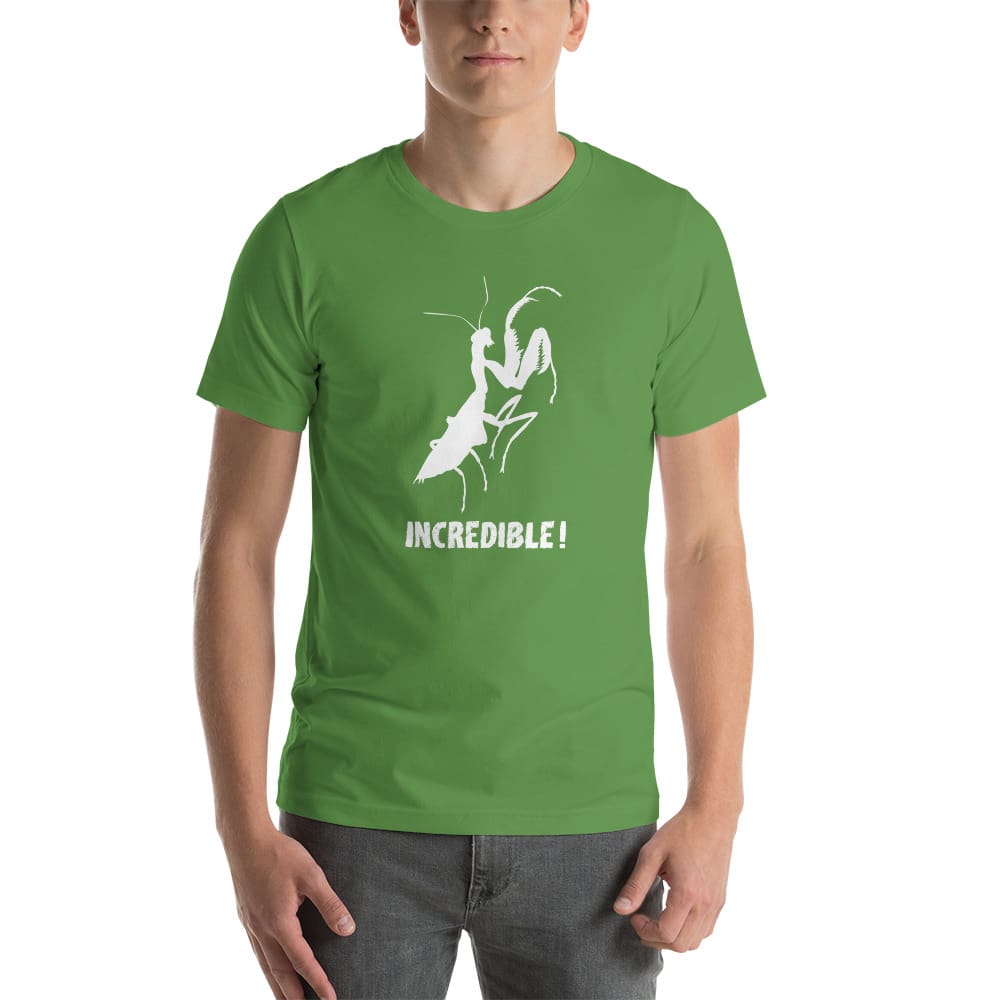 "Praying Mantises Are Incredible!" Praying Mantis T-Shirt - White Print (Adult Unisex / Men's) Leaf / S