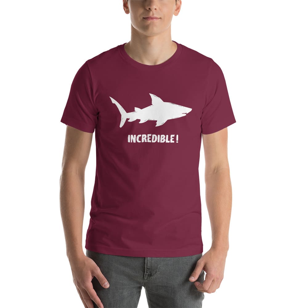 "Sharks Are Incredible" Shark T-Shirt - White Print (Adult Unisex/Men's) Maroon / XS