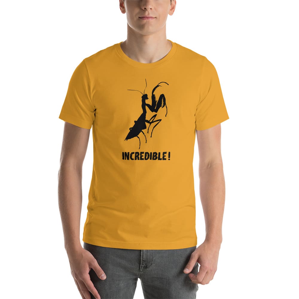 "Praying Mantises Are Incredible!" Praying Mantis T-Shirt - Black Print (Adult Unisex / Men's) Mustard / XS