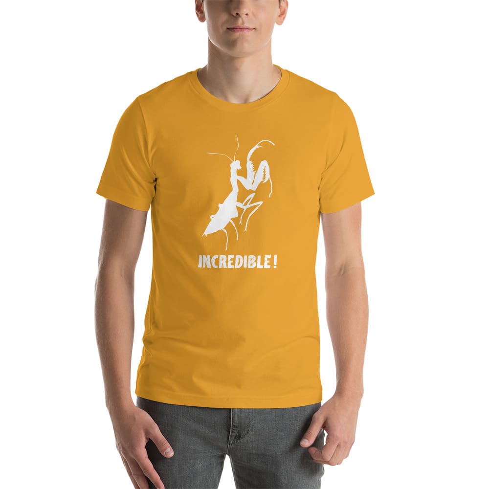 "Praying Mantises Are Incredible!" Praying Mantis T-Shirt - White Print (Adult Unisex / Men's) Mustard / XS