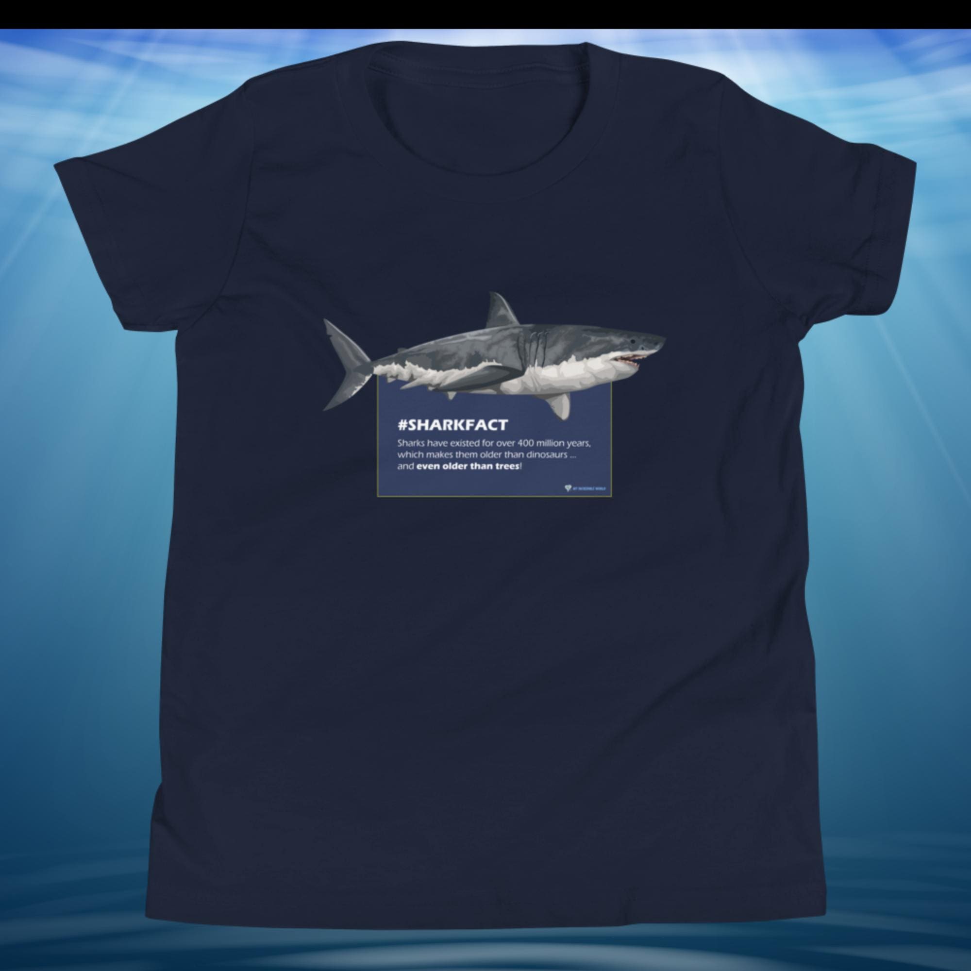 "SHARKFACT: Sharks Are Older Than Trees" Shark T-Shirt for Kids/Youth Navy / S